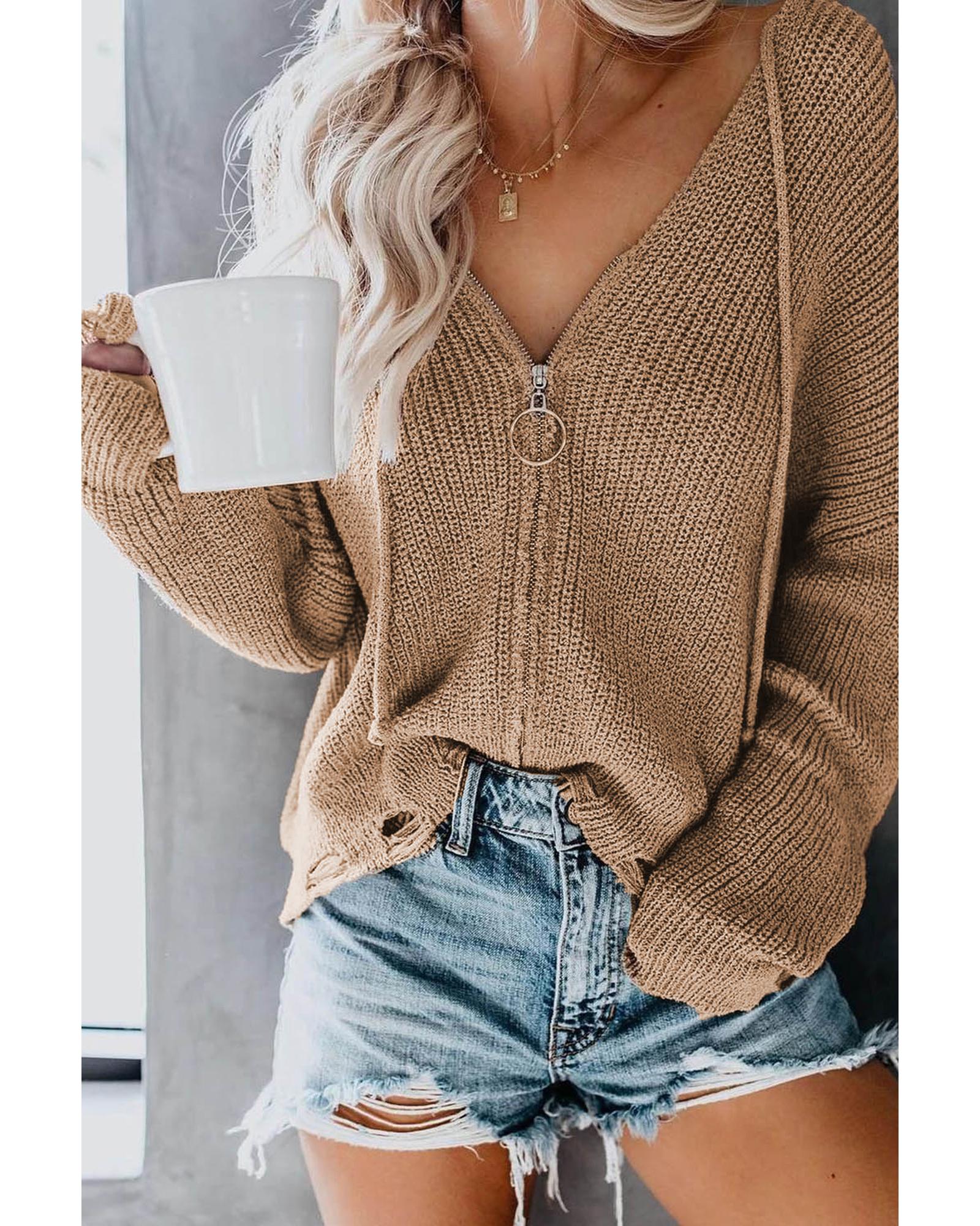 Khaki Zipper V-neck Dropped Sleeve Hooded Solid Sweater - S