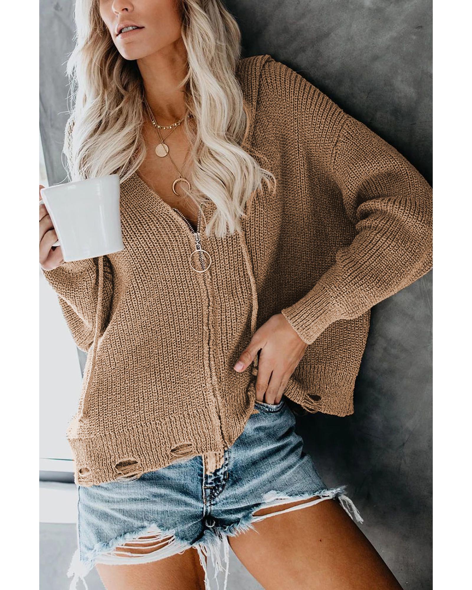 Khaki Zipper V-neck Dropped Sleeve Hooded Solid Sweater - XL