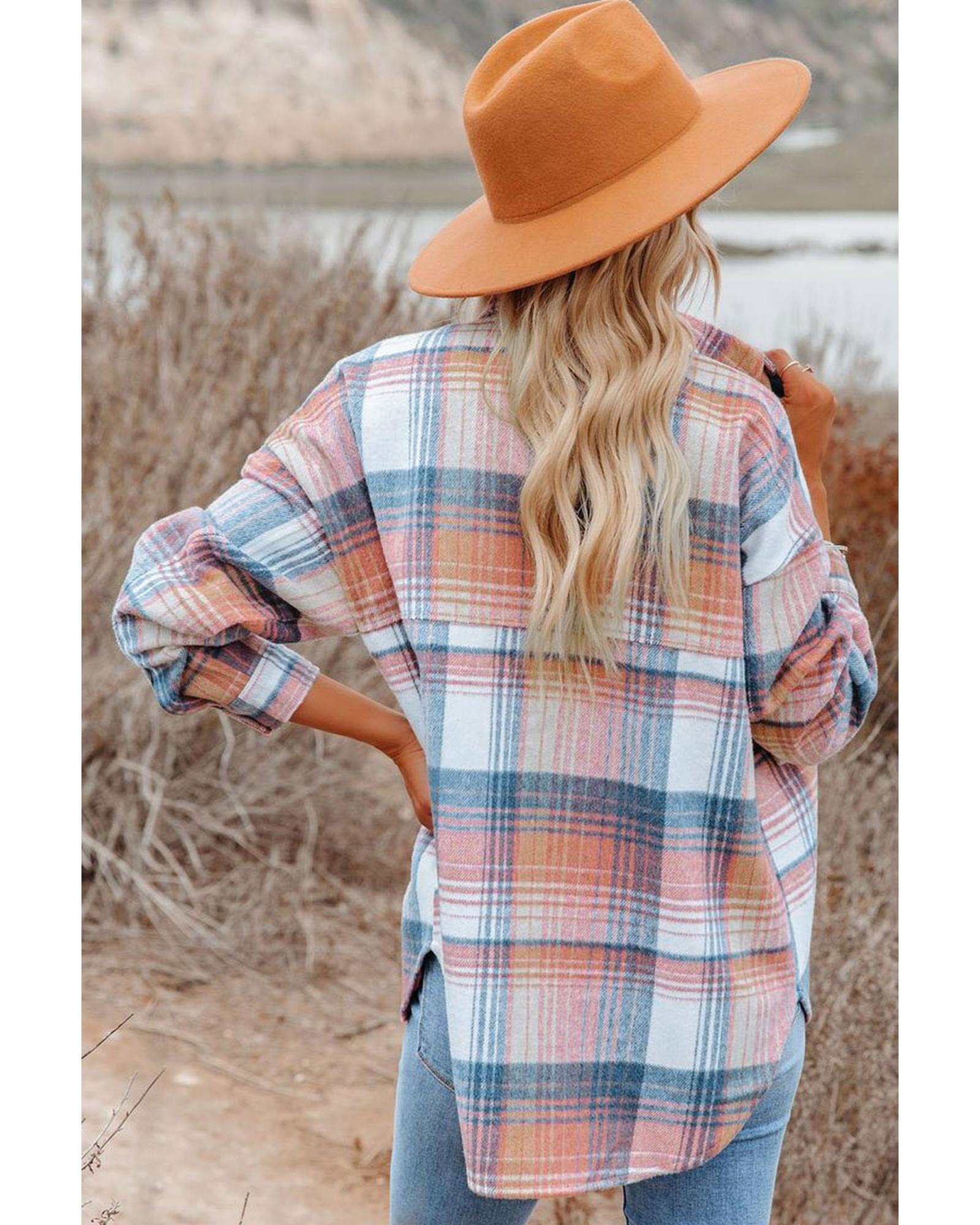 Pink Black/Pink Plaid Flap Pockets Shacket - L