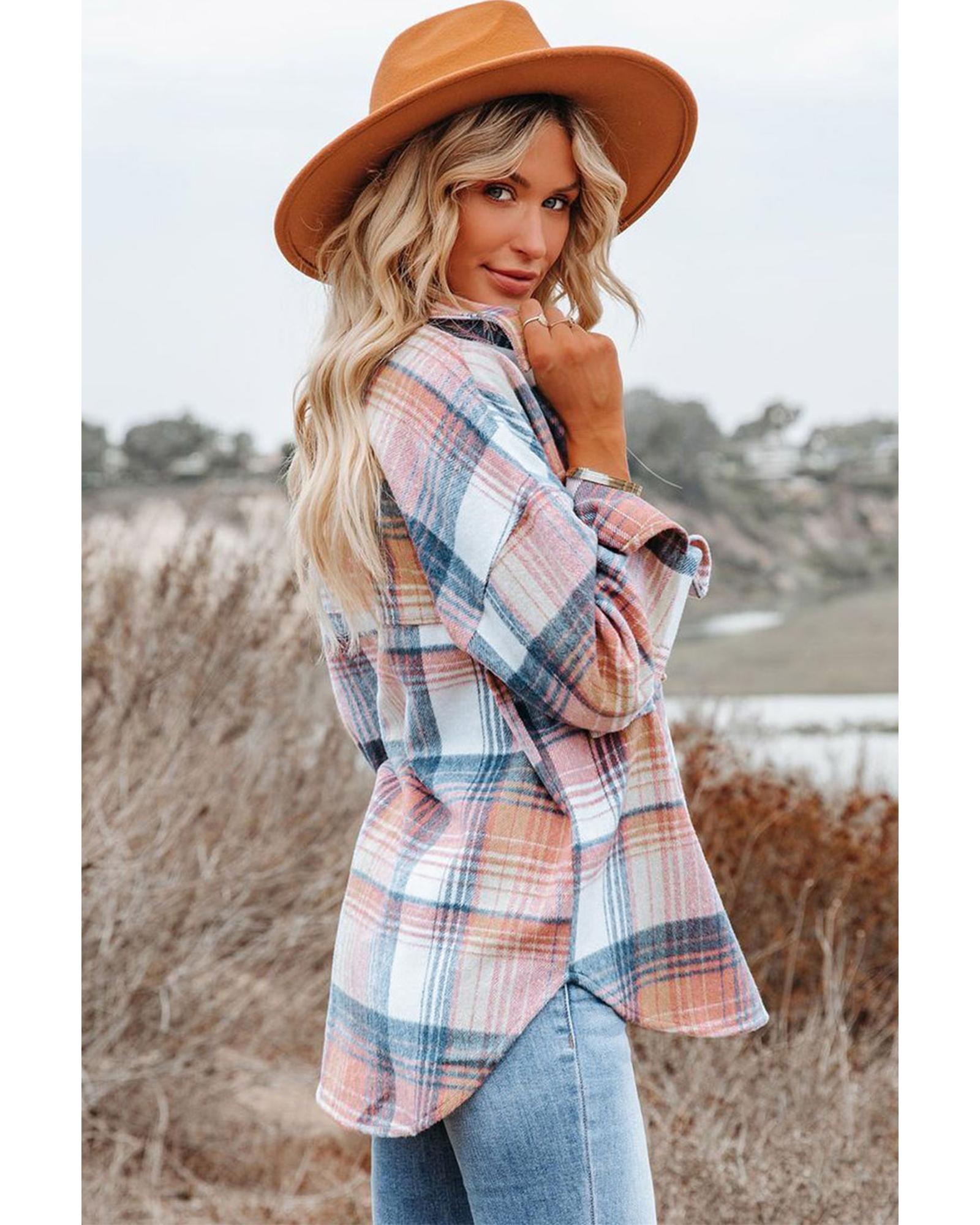 Pink Black/Pink Plaid Flap Pockets Shacket - L