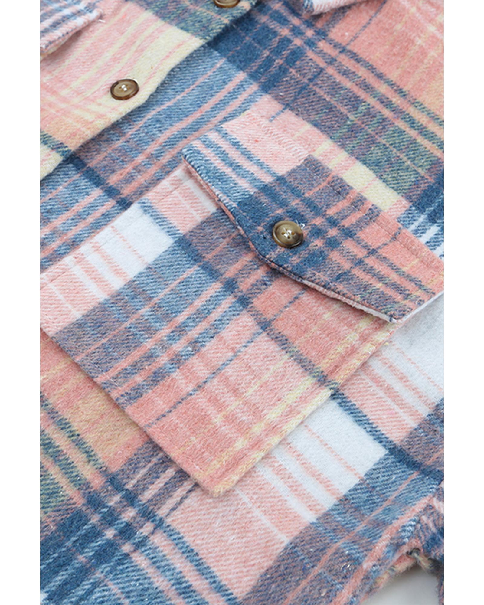 Pink Black/Pink Plaid Flap Pockets Shacket - L
