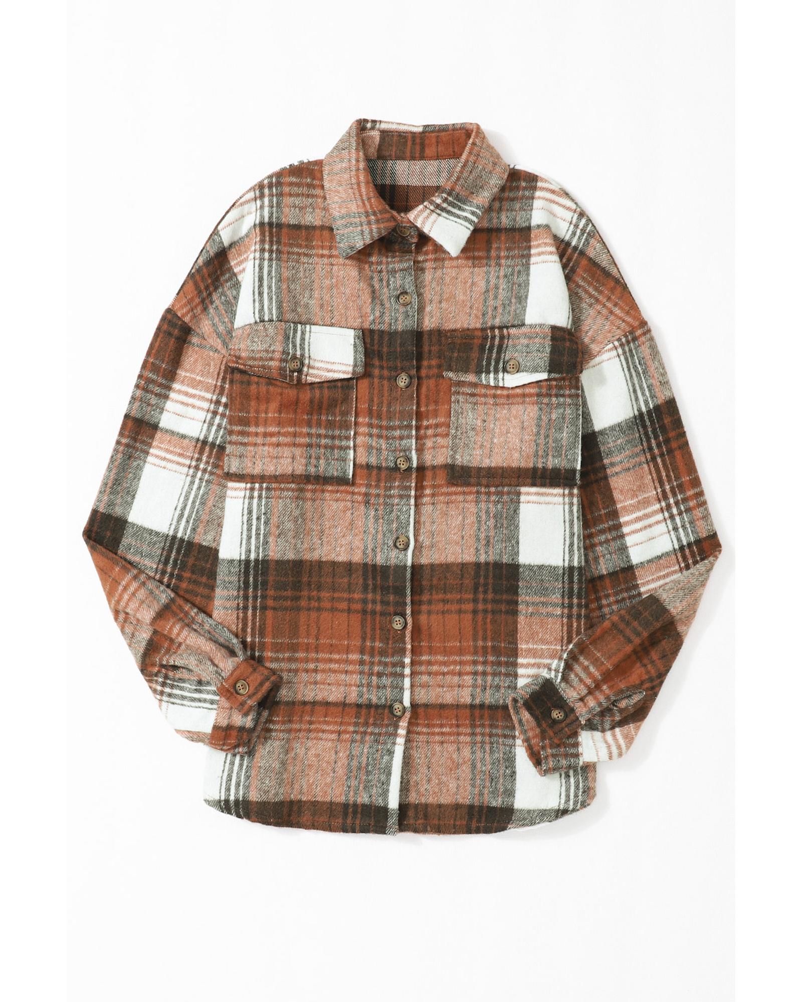 Brown Plaid Flap Pockets Shacket - 2XL