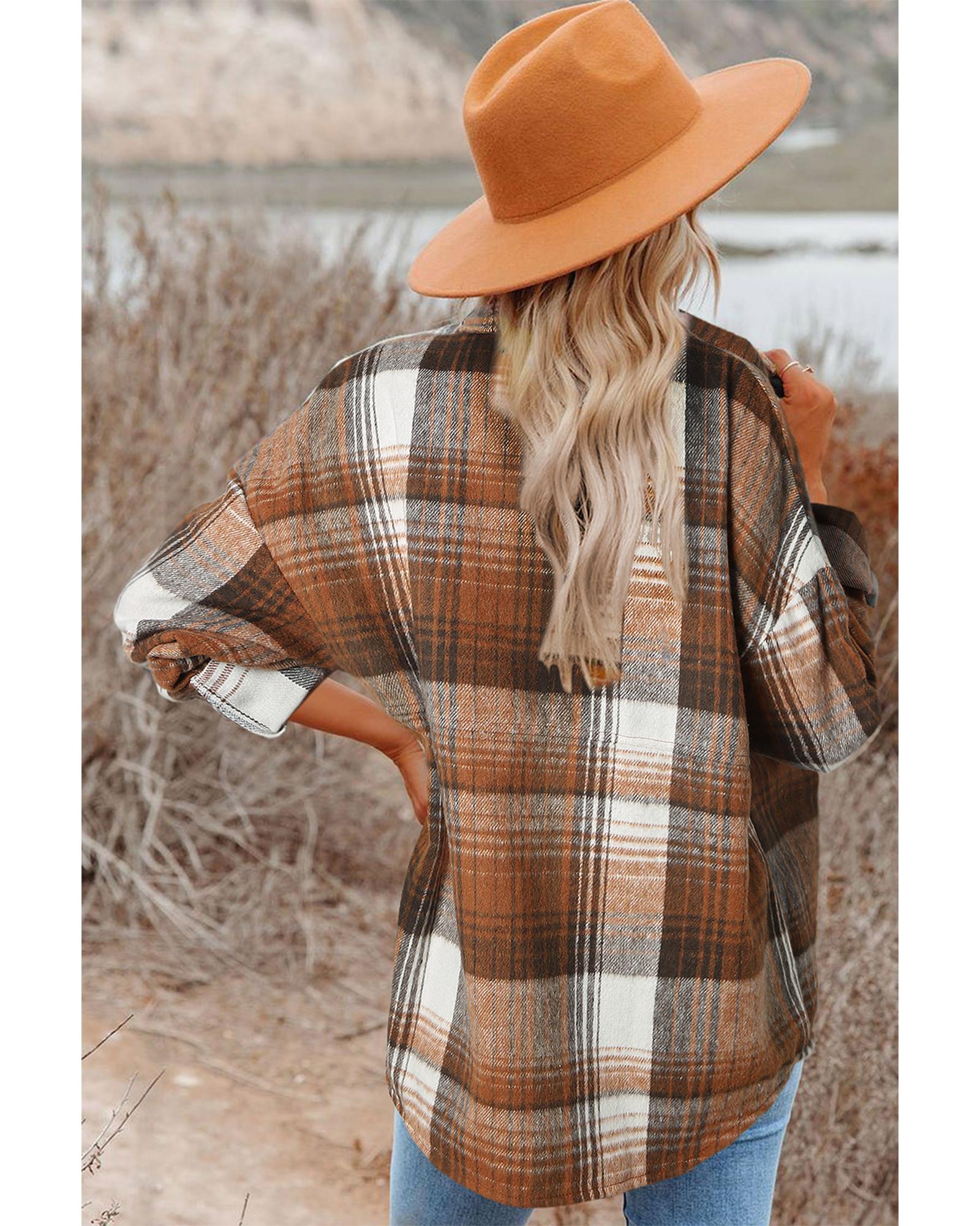 Brown Plaid Flap Pockets Shacket - 2XL