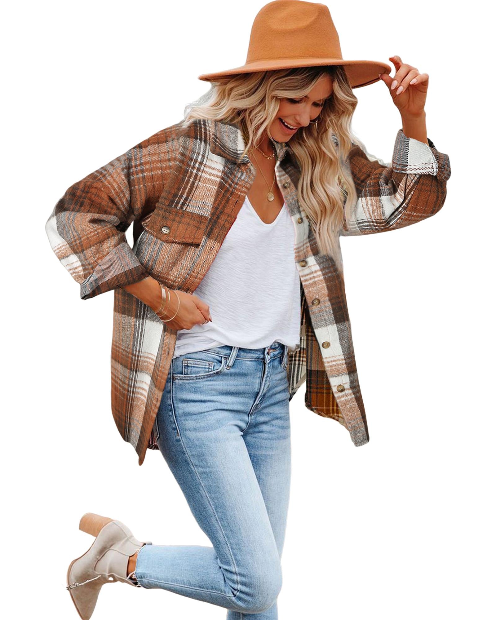 Brown Plaid Flap Pockets Shacket - L