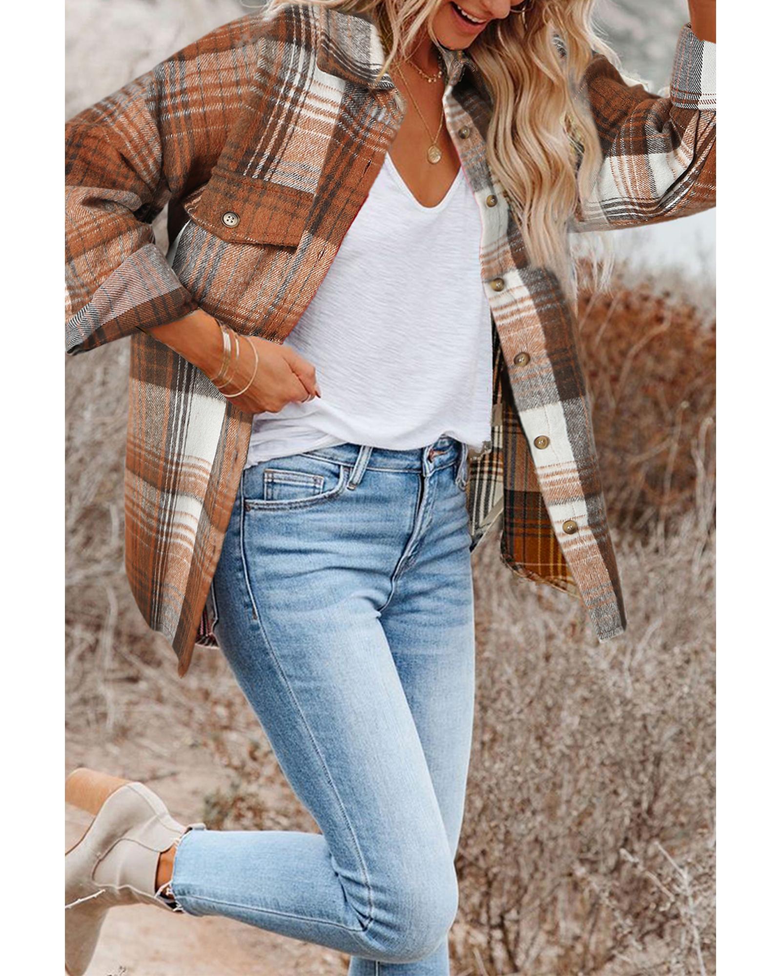 Brown Plaid Flap Pockets Shacket - L