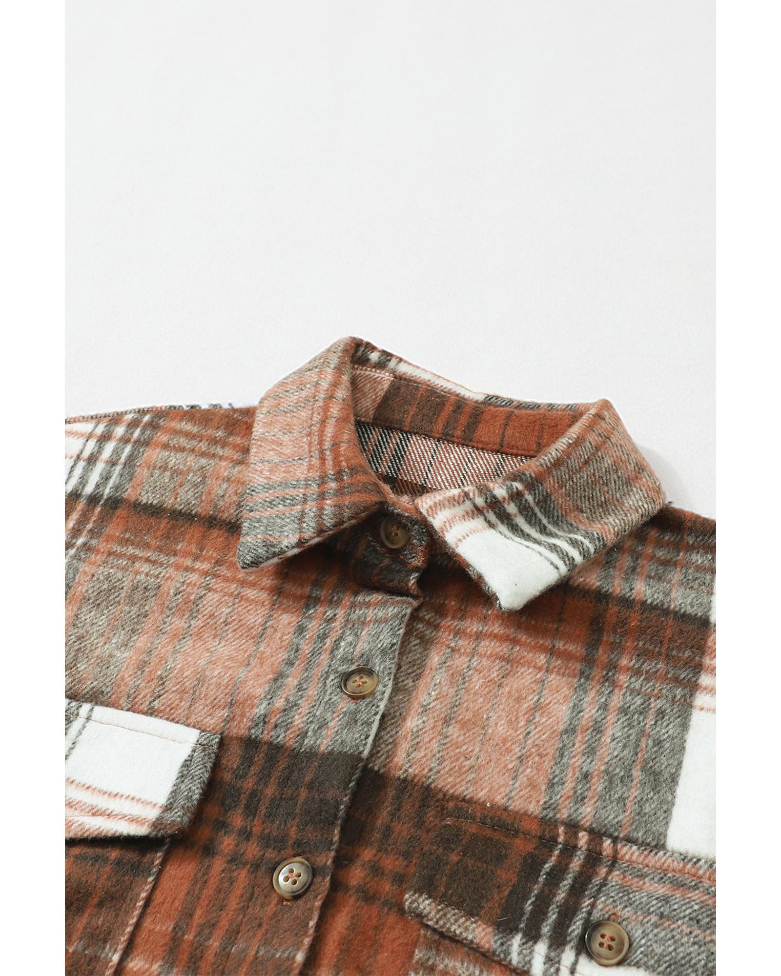 Brown Plaid Flap Pockets Shacket - L