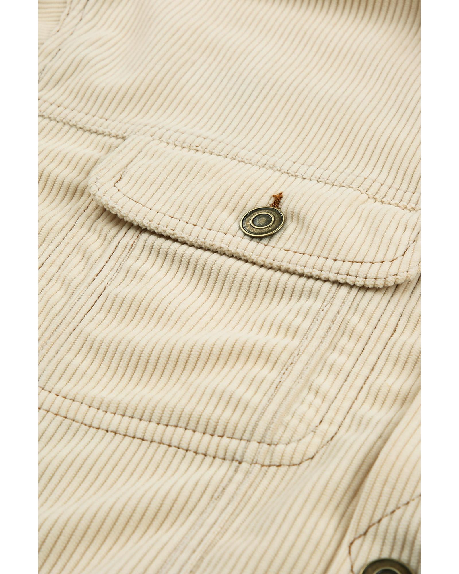 Button Up Pockets Striped Color Block Corduroy Jacket - L