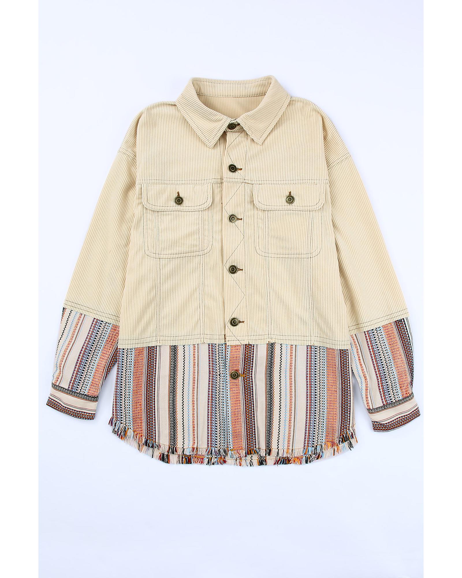Button Up Pockets Striped Color Block Corduroy Jacket - M