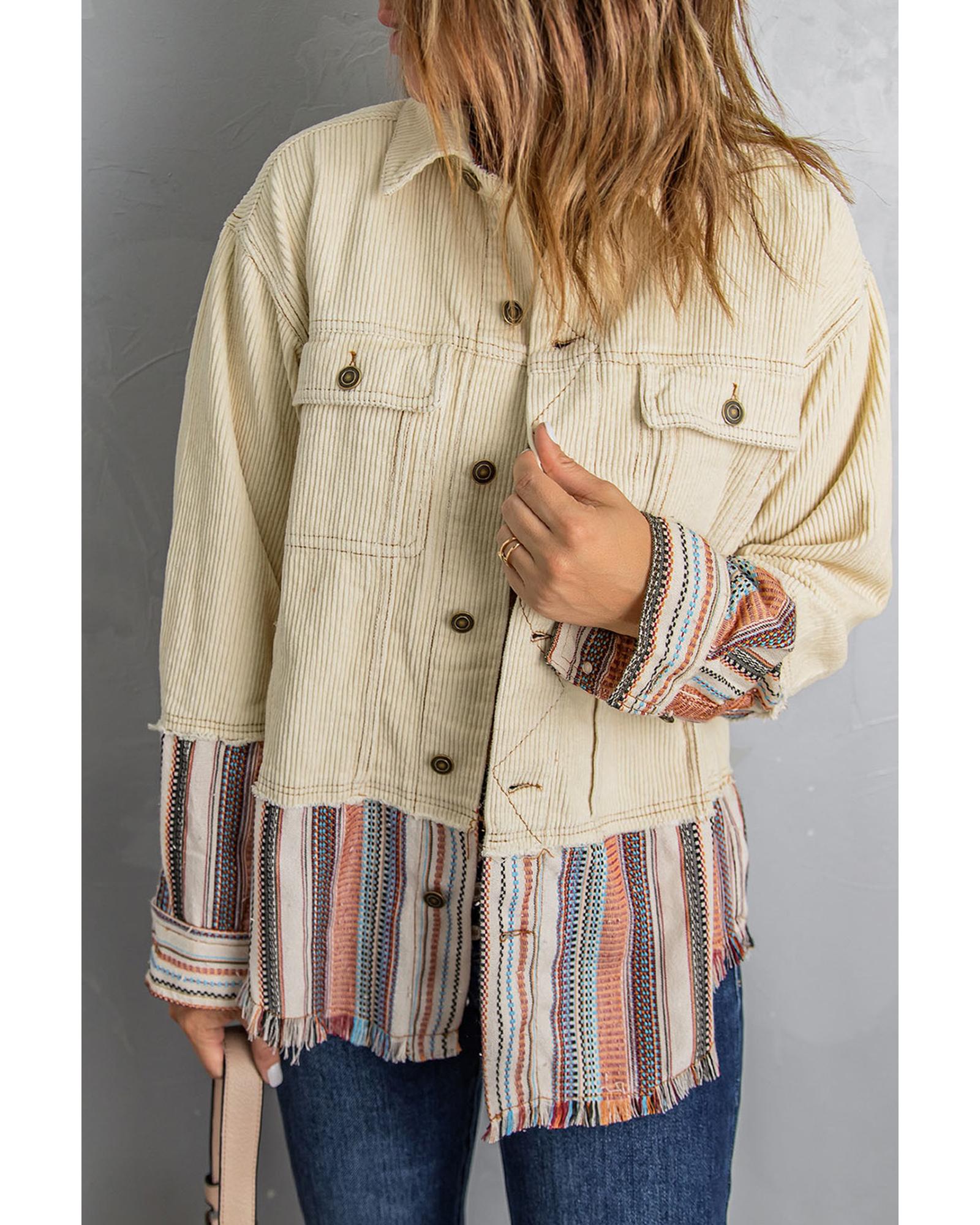 Button Up Pockets Striped Color Block Corduroy Jacket - M