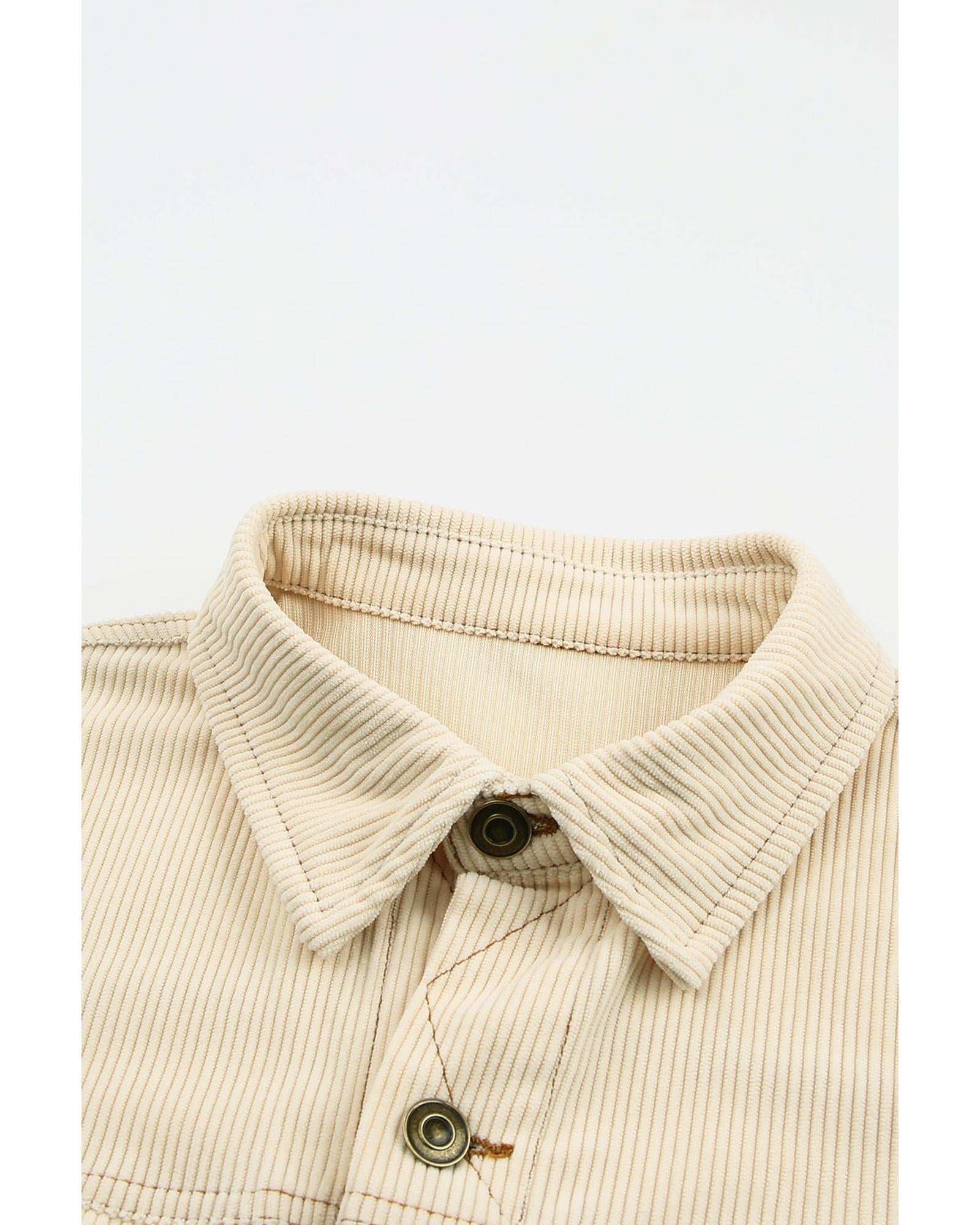 Button Up Pockets Striped Color Block Corduroy Jacket - S