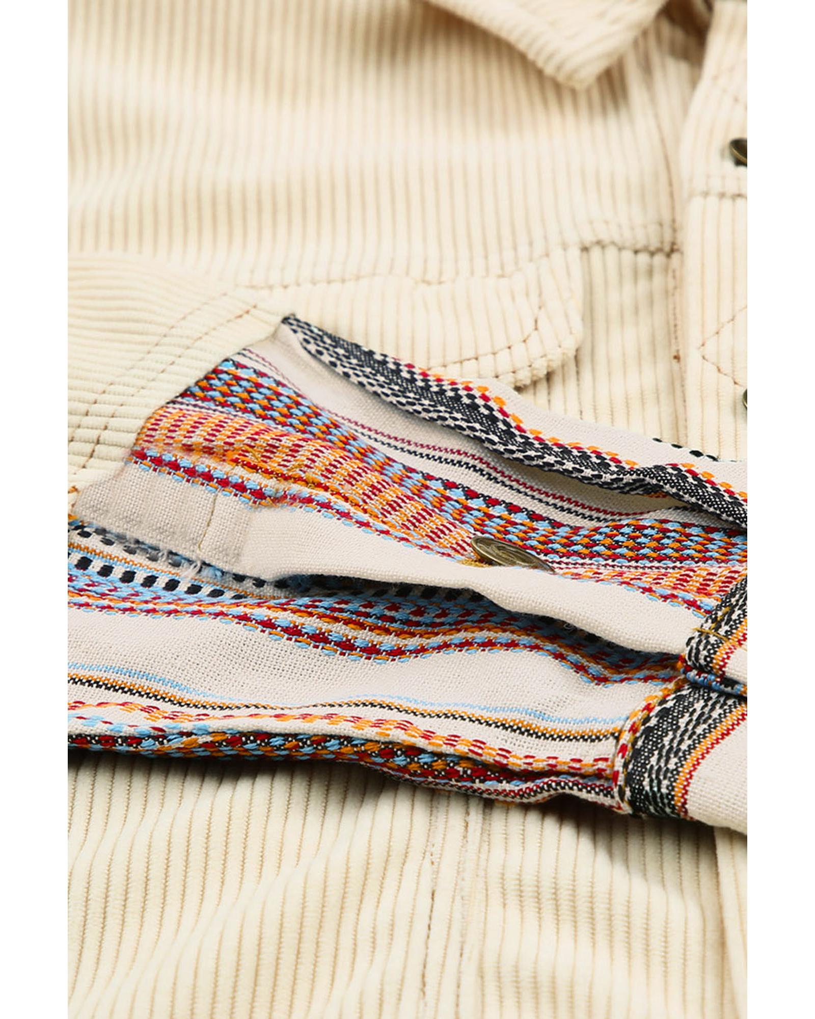 Button Up Pockets Striped Color Block Corduroy Jacket - S