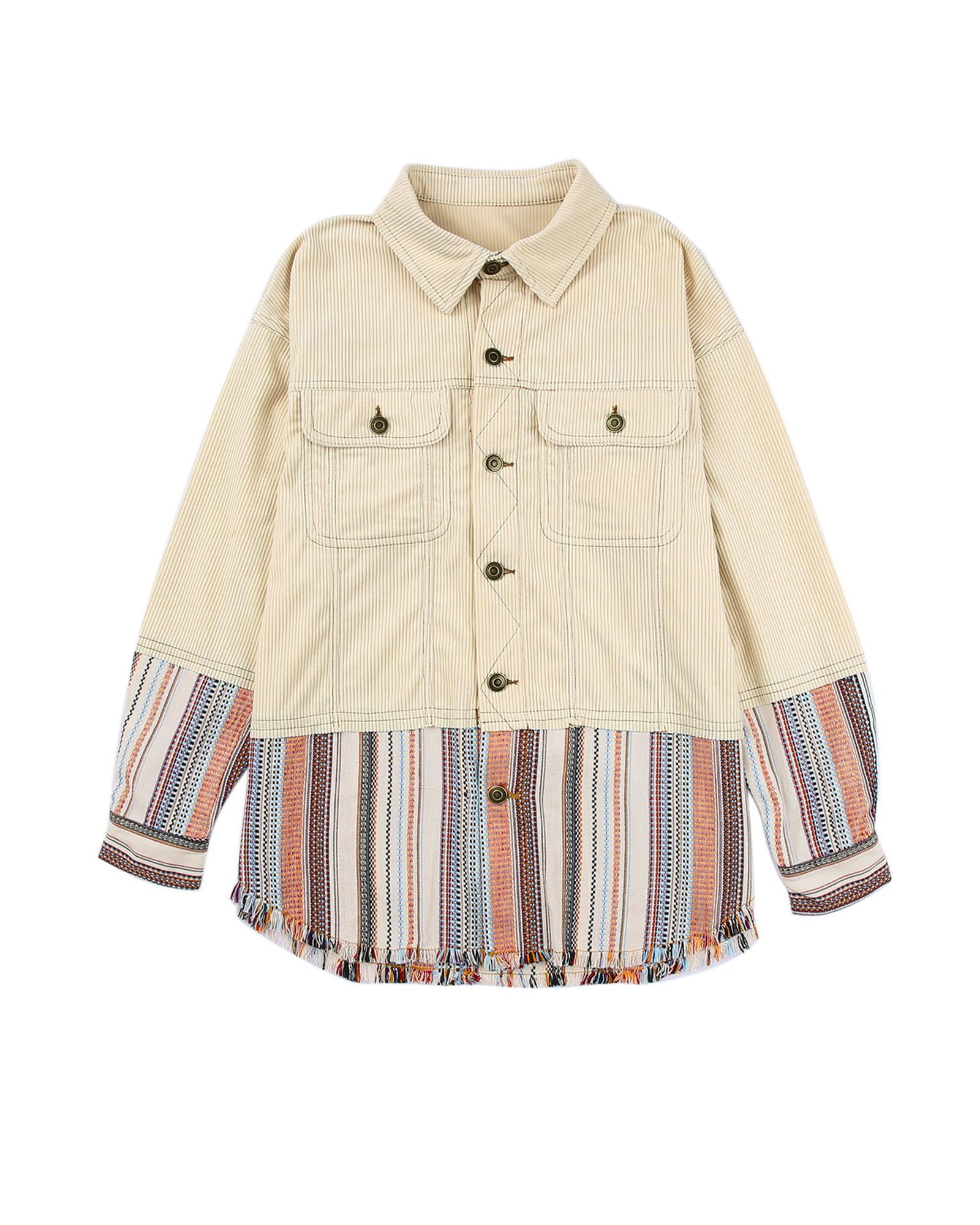 Button Up Pockets Striped Color Block Corduroy Jacket - S