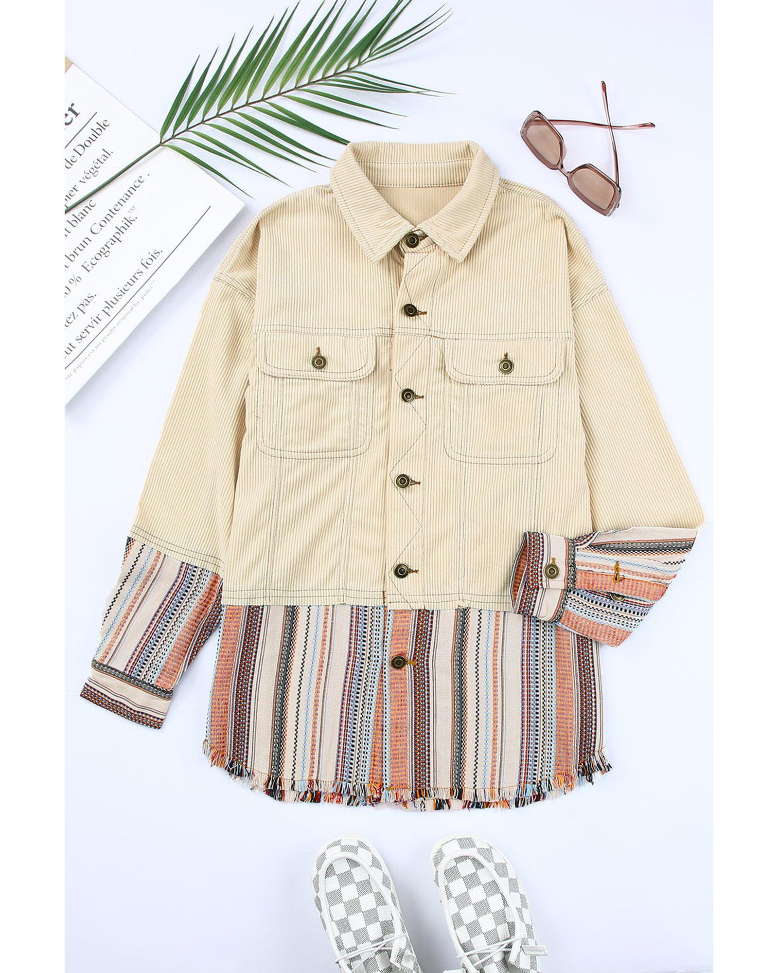 Button Up Pockets Striped Color Block Corduroy Jacket - XL