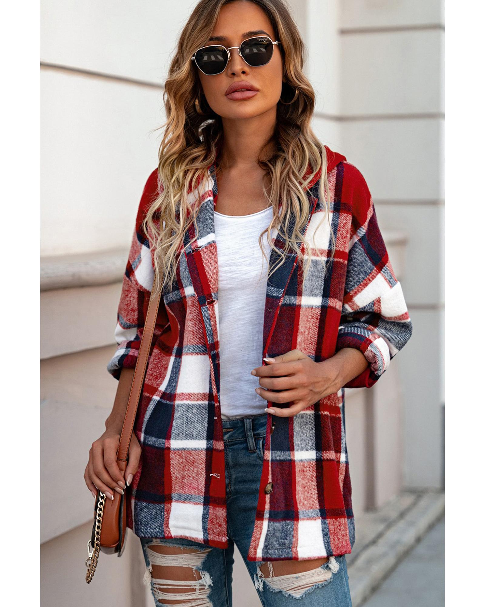 Azura Exchange Red Hooded Plaid Button Front Shacket - M