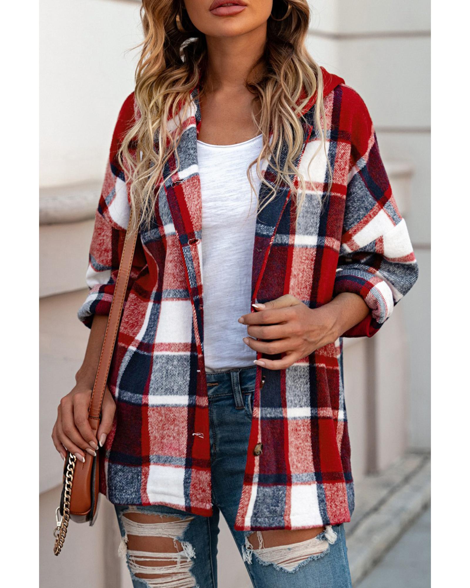 Azura Exchange Red Hooded Plaid Button Front Shacket - M