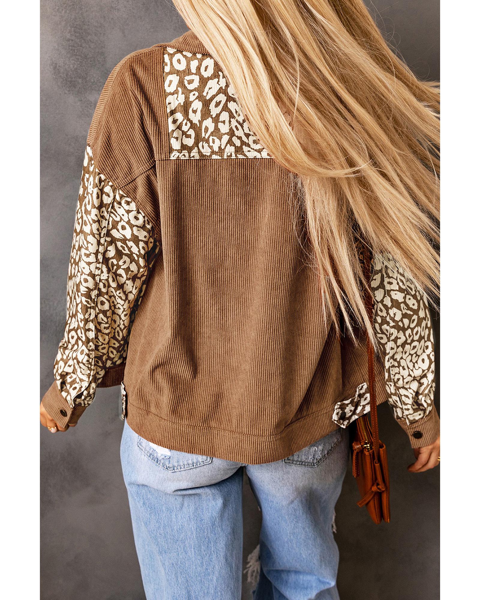 Brown Leopard Print Corduroy Long Sleeve Jacket - S