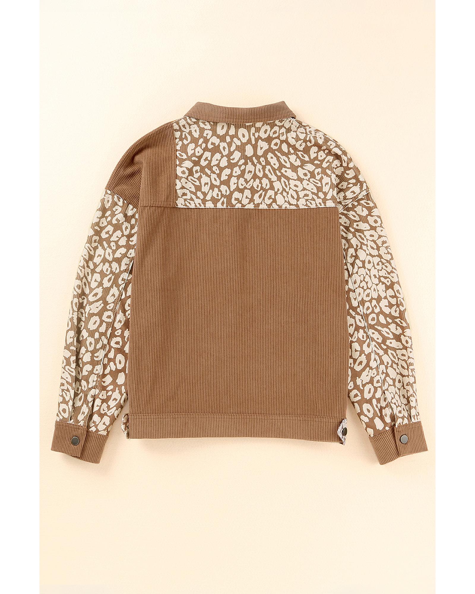 Brown Leopard Print Corduroy Long Sleeve Jacket - S