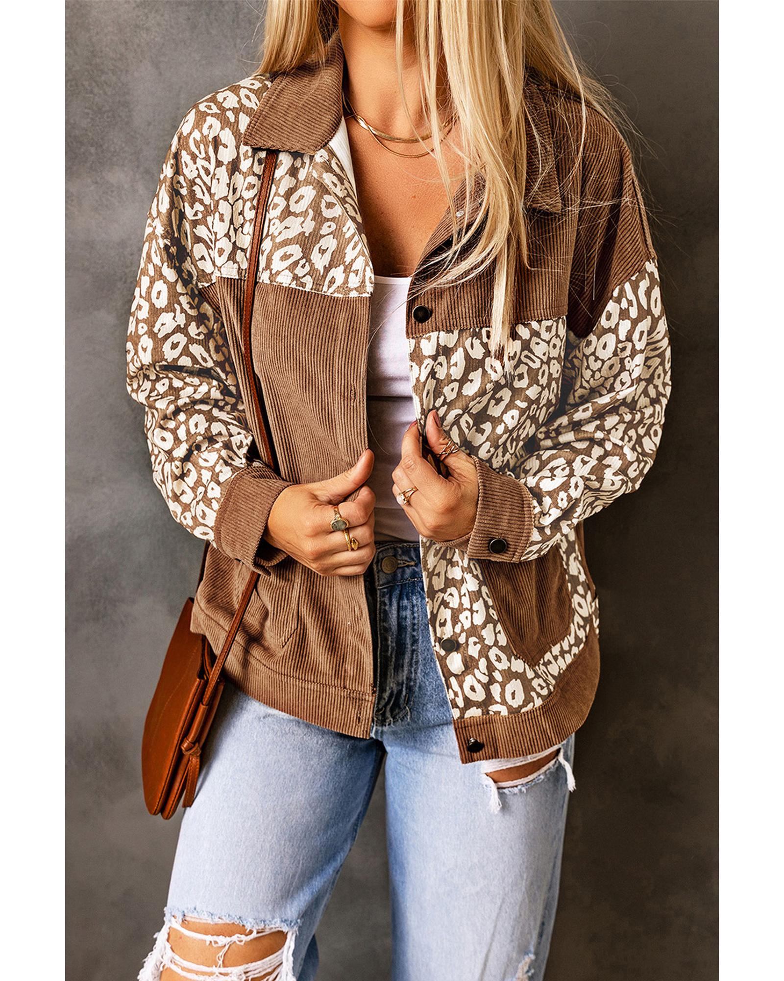 Brown Leopard Print Corduroy Long Sleeve Jacket - S
