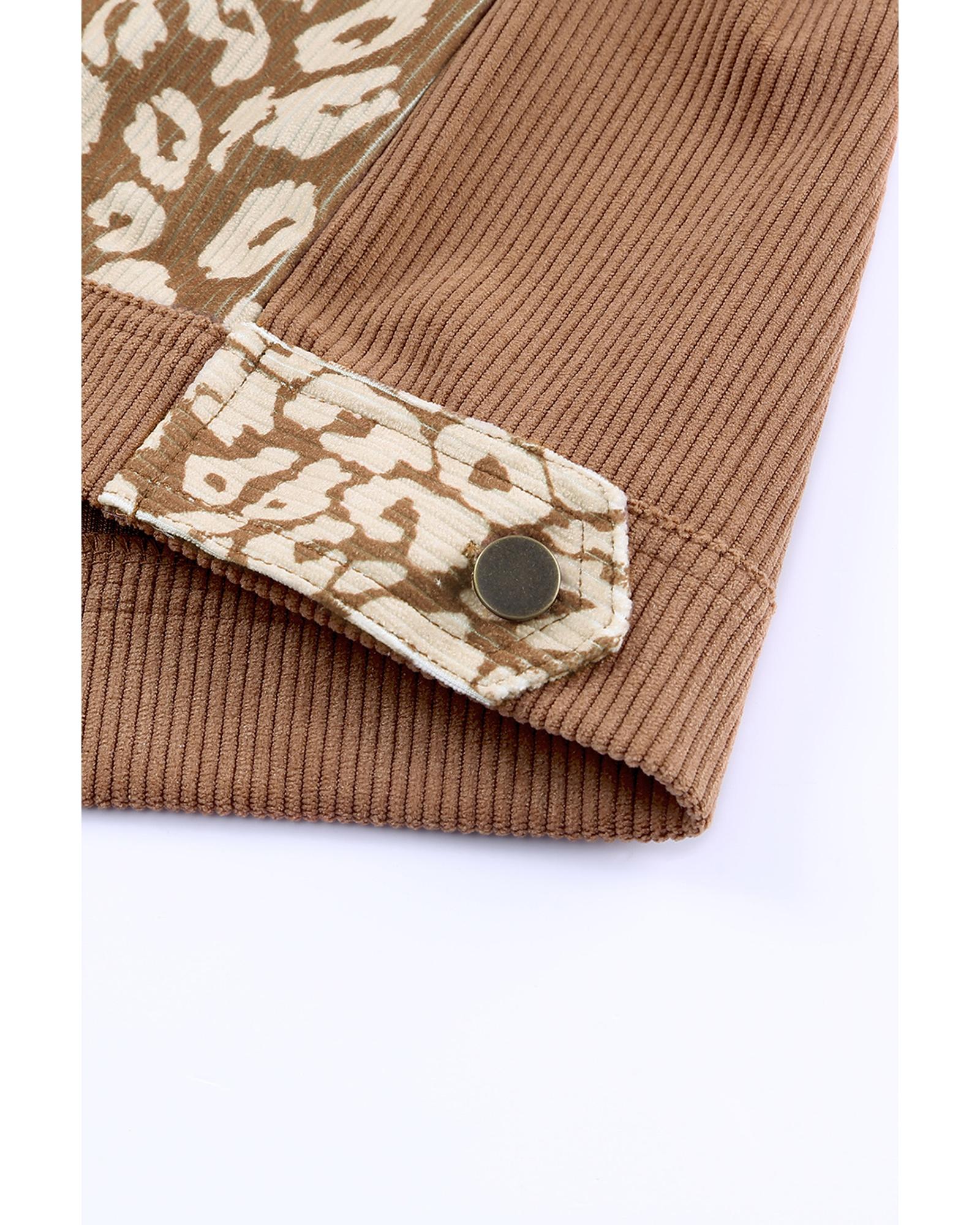 Brown Leopard Print Corduroy Long Sleeve Jacket - S