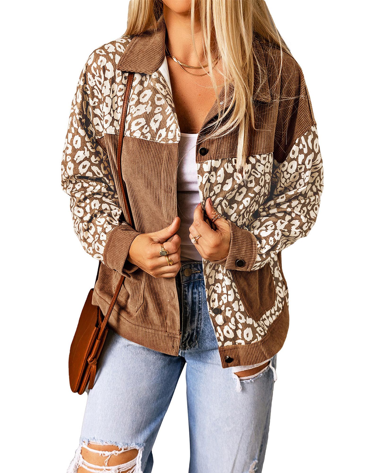 Brown Leopard Print Corduroy Long Sleeve Jacket - S