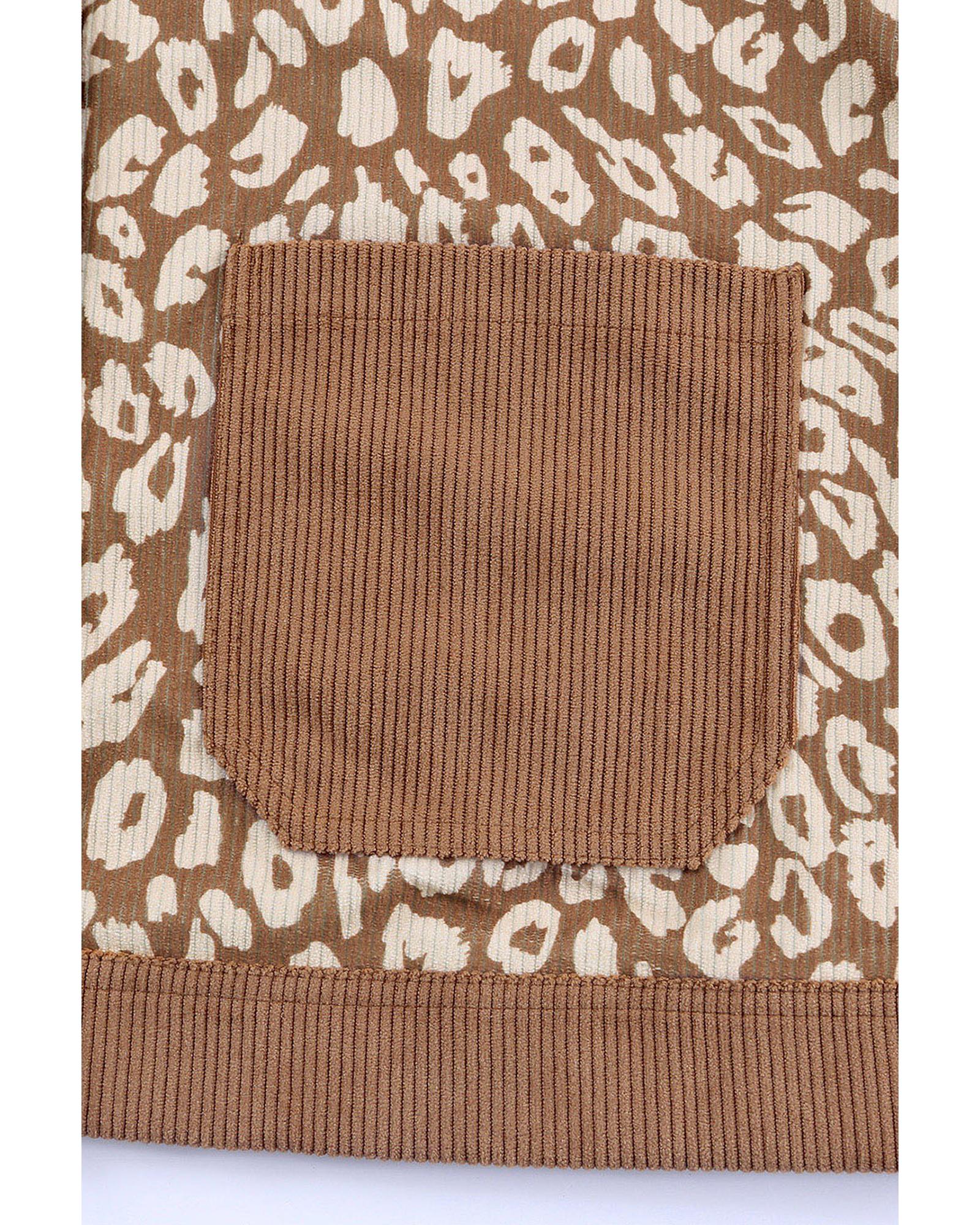 Brown Leopard Print Corduroy Long Sleeve Jacket - S