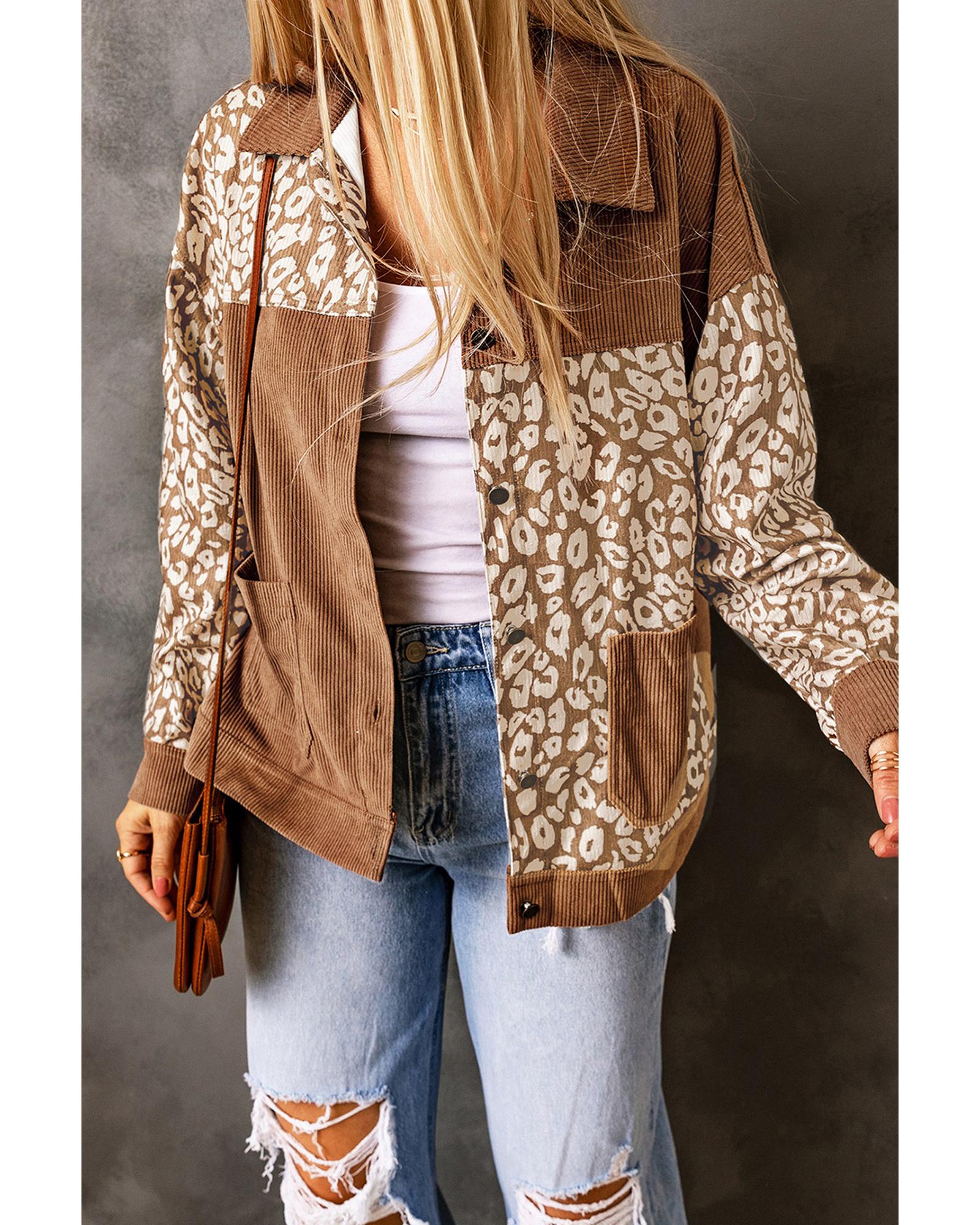 Brown Leopard Print Corduroy Long Sleeve Jacket - S