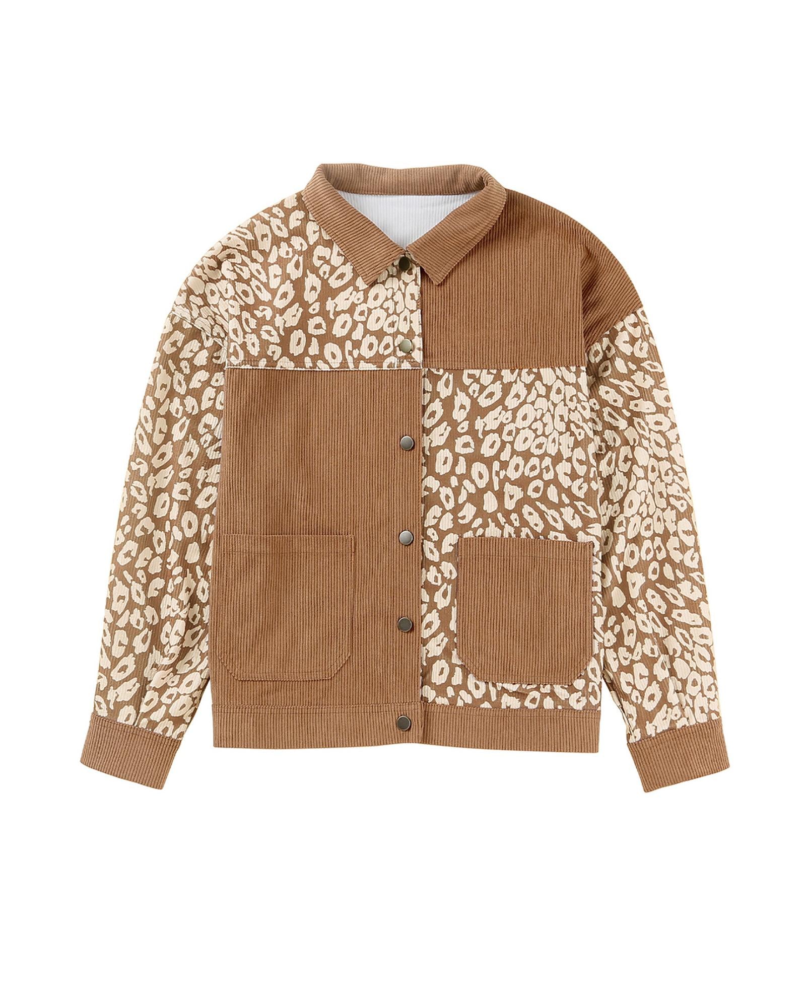 Brown Leopard Print Corduroy Long Sleeve Jacket - S