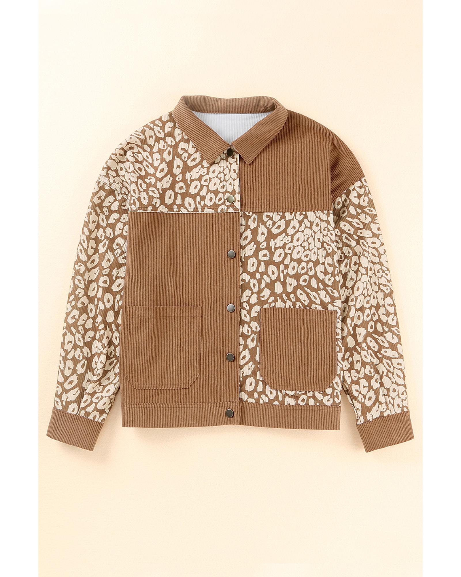 Brown Leopard Print Corduroy Long Sleeve Jacket - S