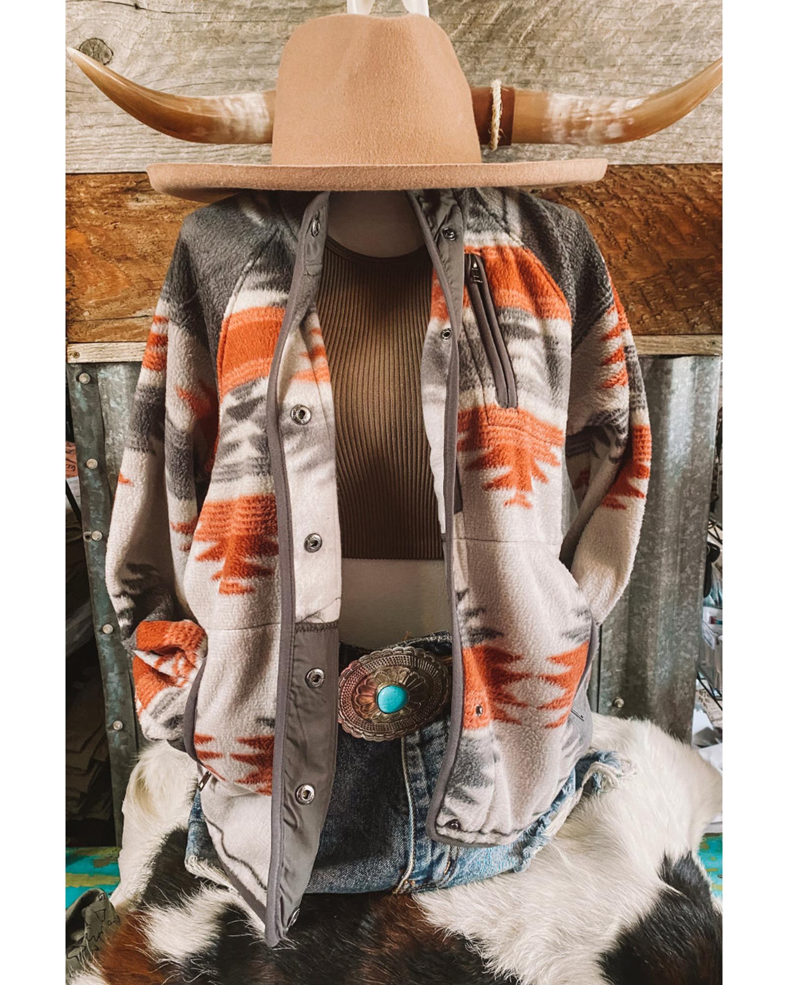 Gray Western Aztec Snap Buttoned Fleece Jacket - XL