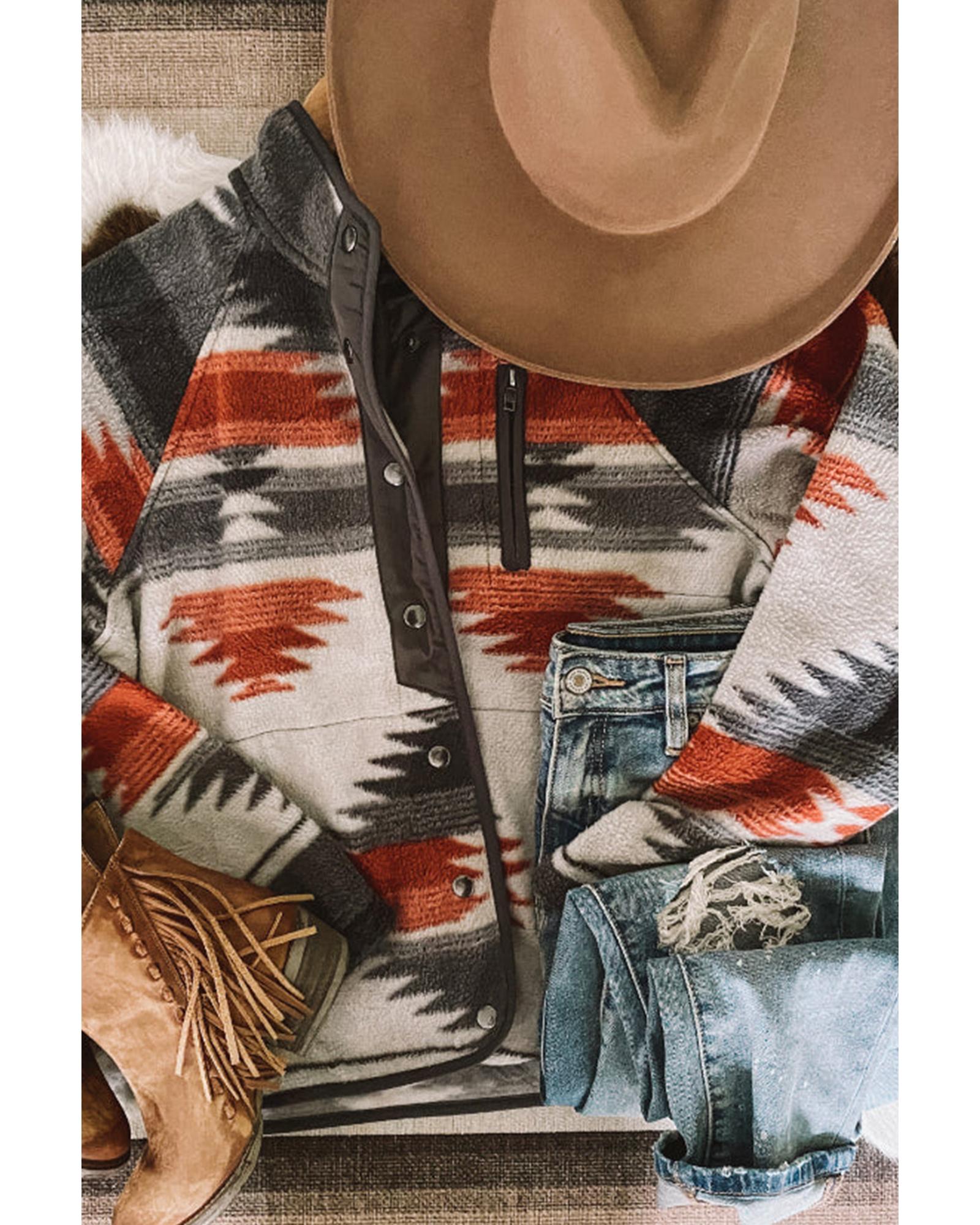 Gray Western Aztec Snap Buttoned Fleece Jacket - XL