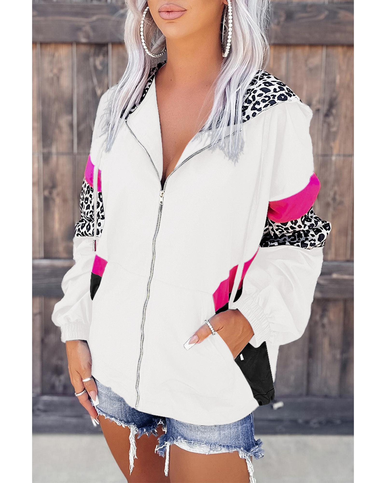 White Leopard Color Block Pockets Zip-up Hooded Jacket - L