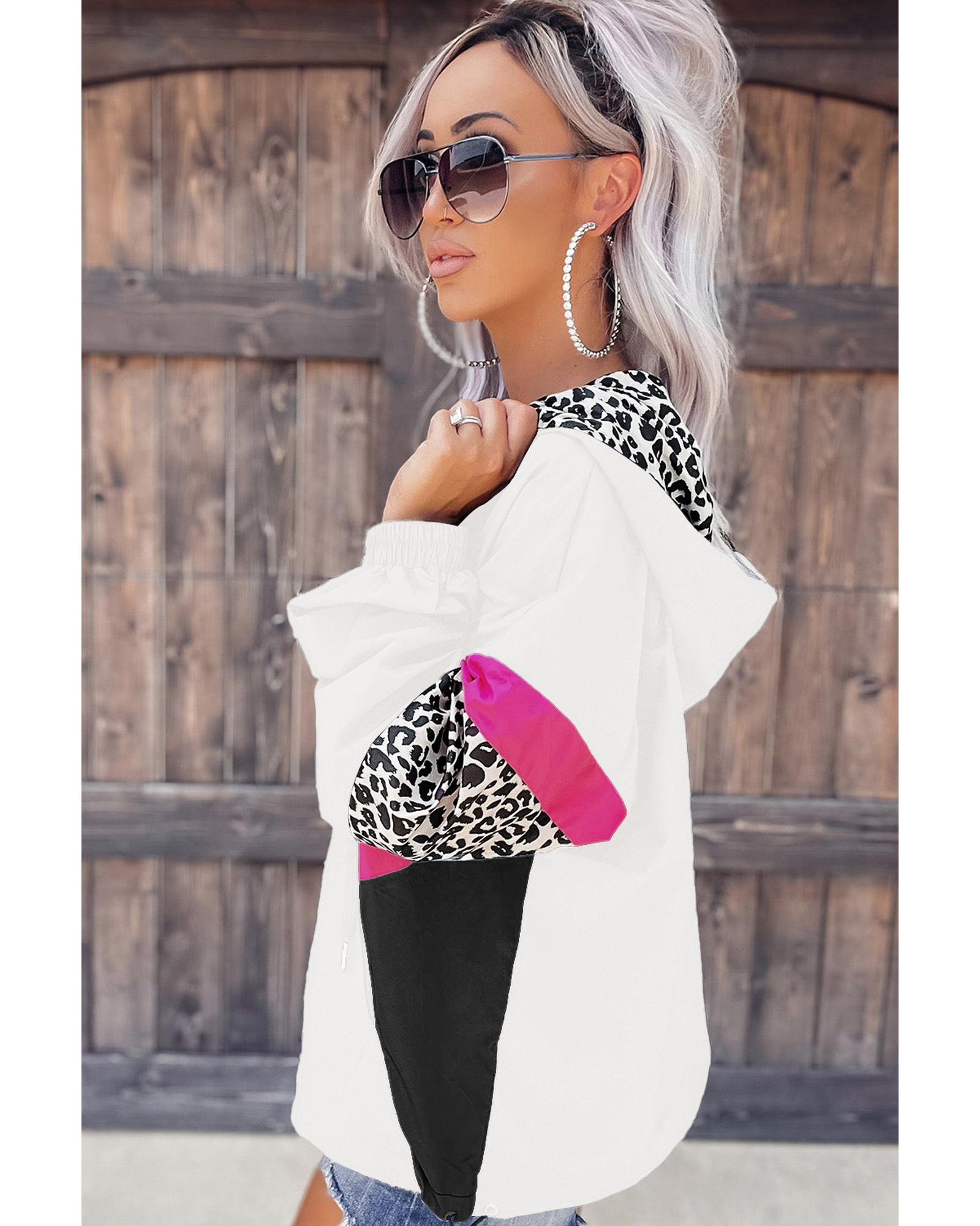 White Leopard Color Block Pockets Zip-up Hooded Jacket - L