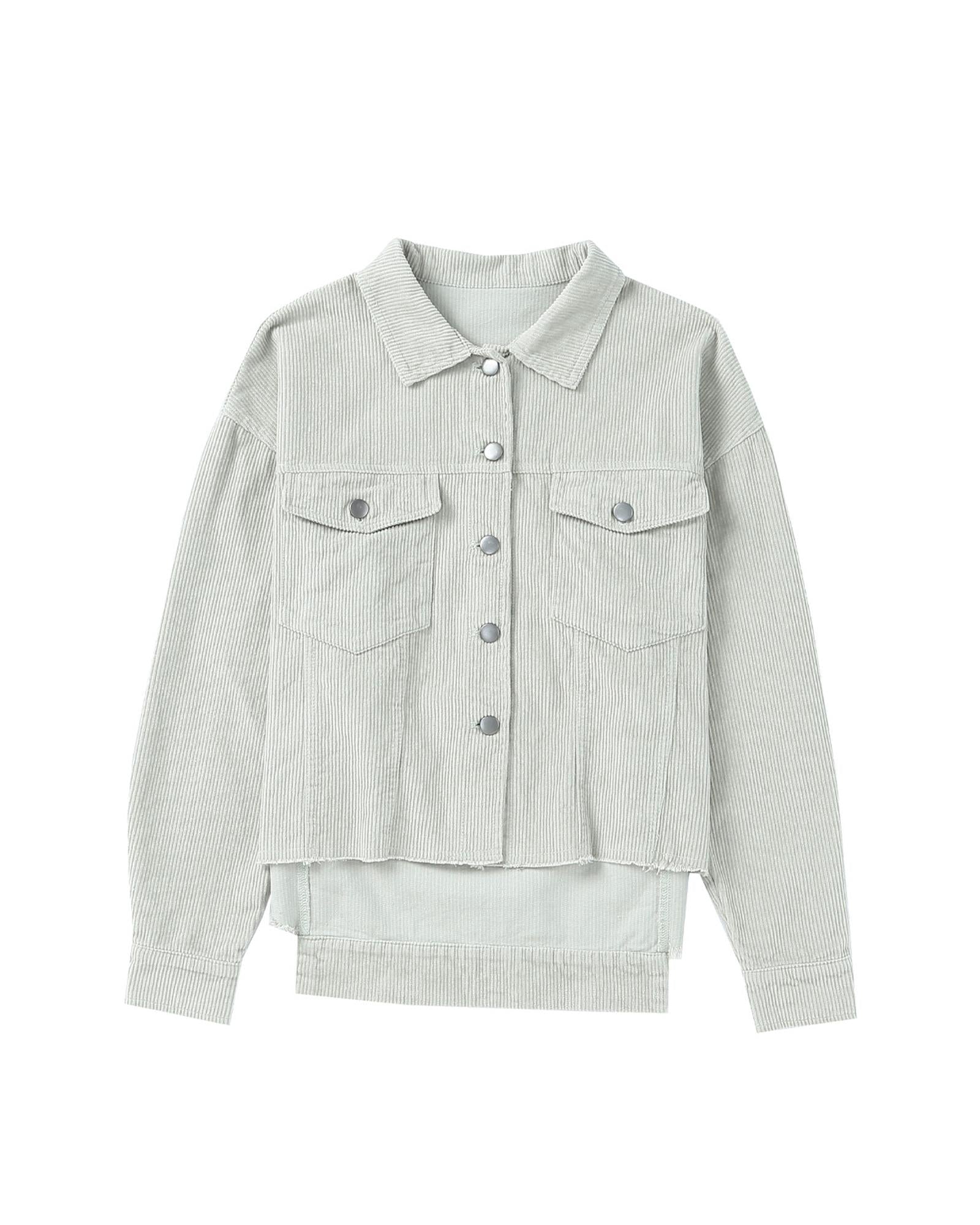 Sky Blue Raw Hem Flap Pockets Cropped Corduroy Jacket - M