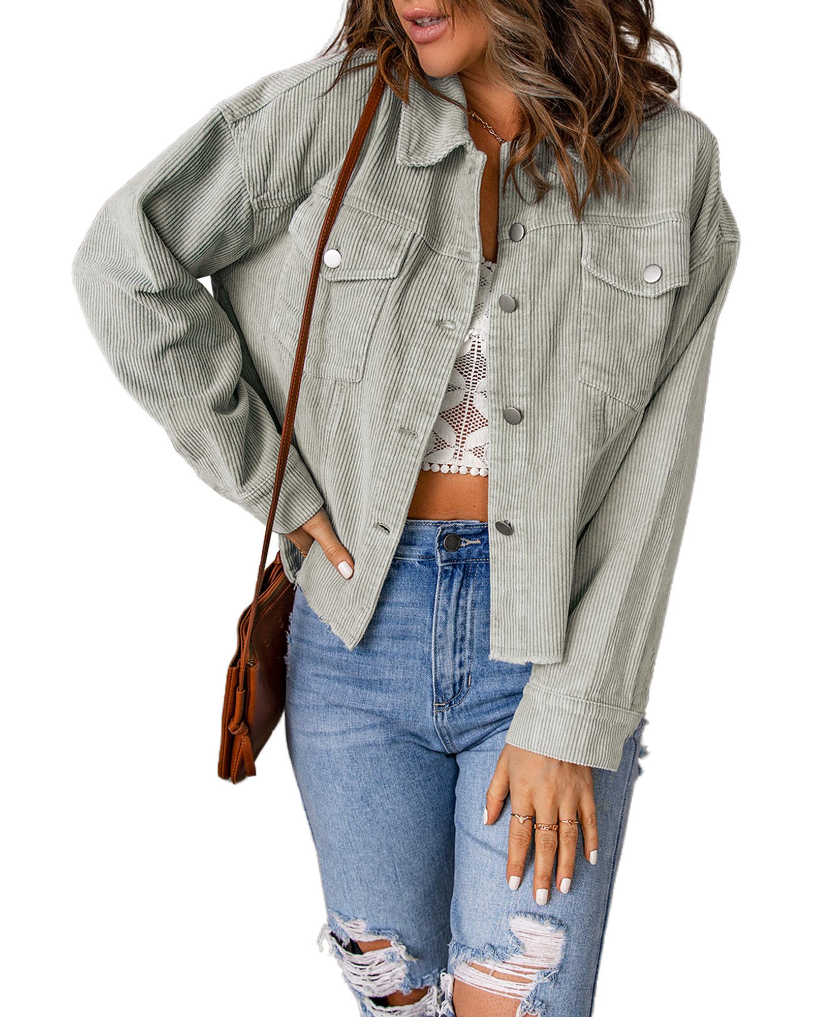 Sky Blue Raw Hem Flap Pockets Cropped Corduroy Jacket - S
