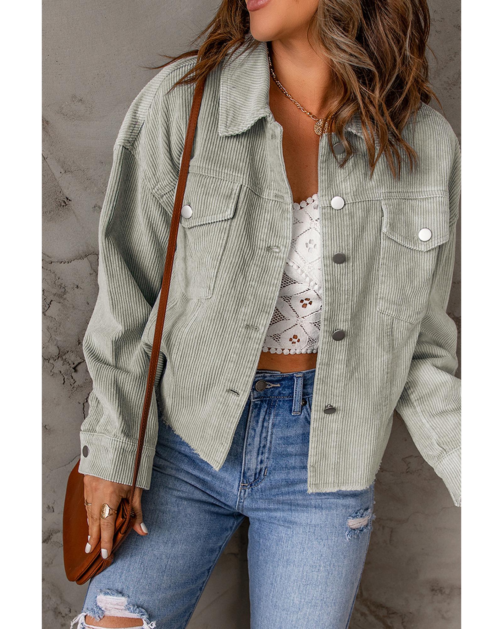 Sky Blue Raw Hem Flap Pockets Cropped Corduroy Jacket - XL