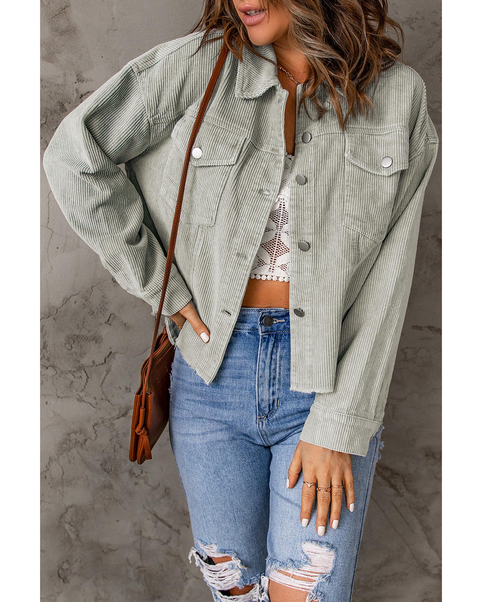 Sky Blue Raw Hem Flap Pockets Cropped Corduroy Jacket - XL