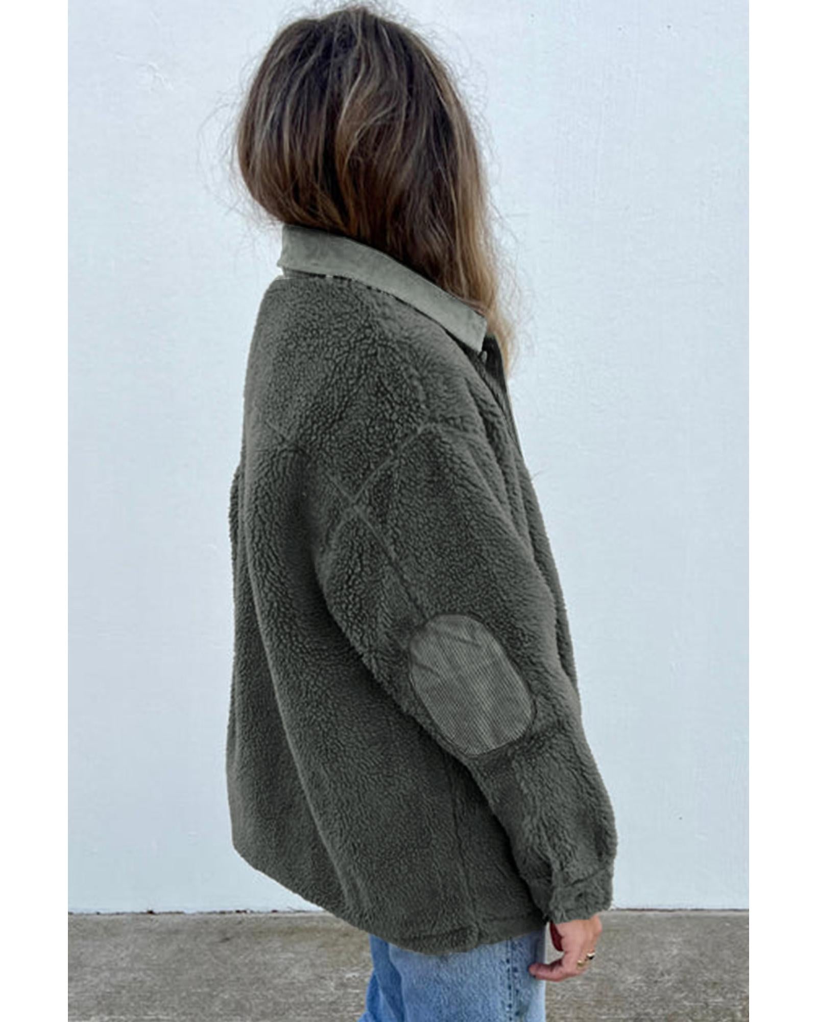 Gray Corduroy Trim Elbow Patch Sherpa Jacket - 2XL