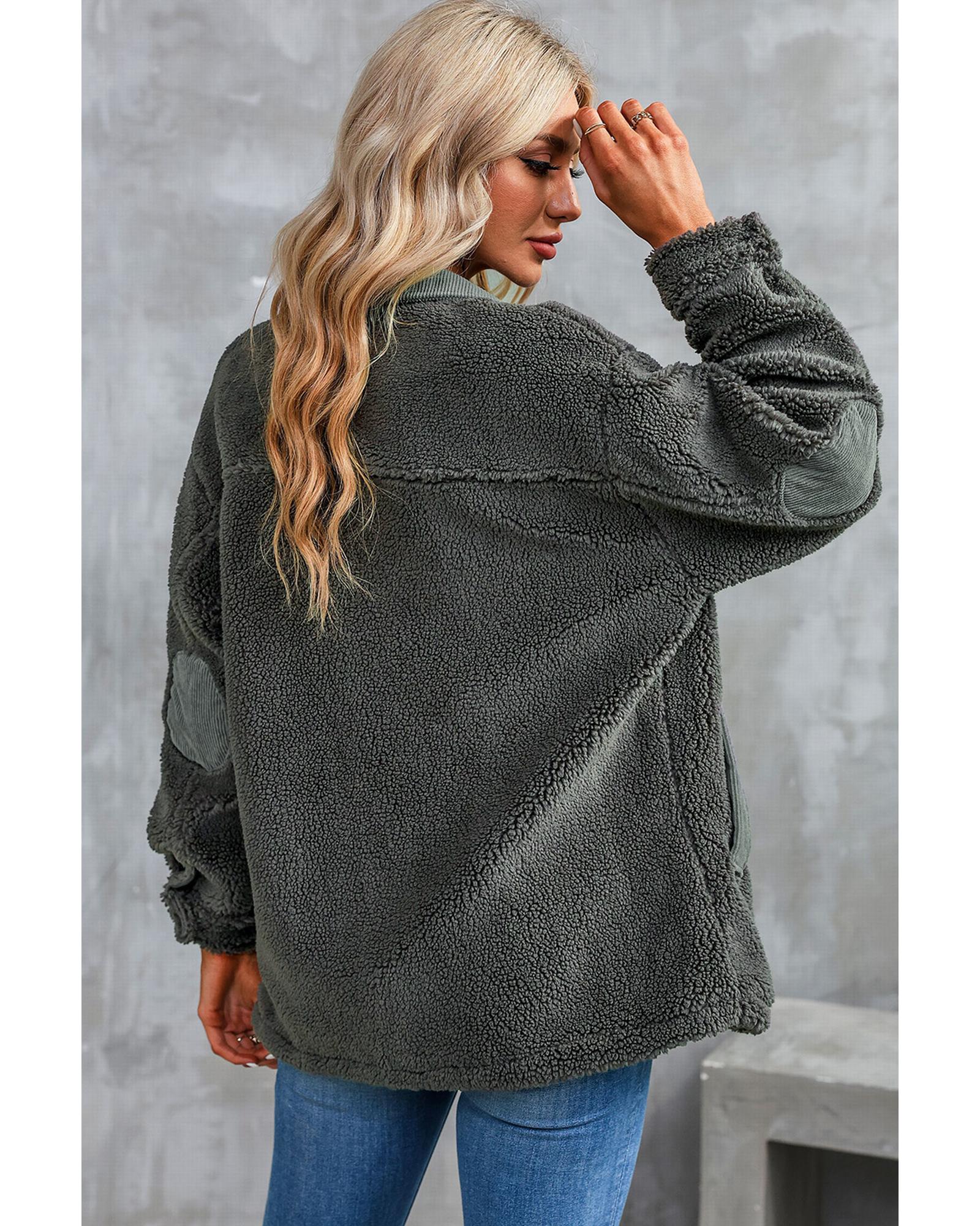 Gray Corduroy Trim Elbow Patch Sherpa Jacket - L