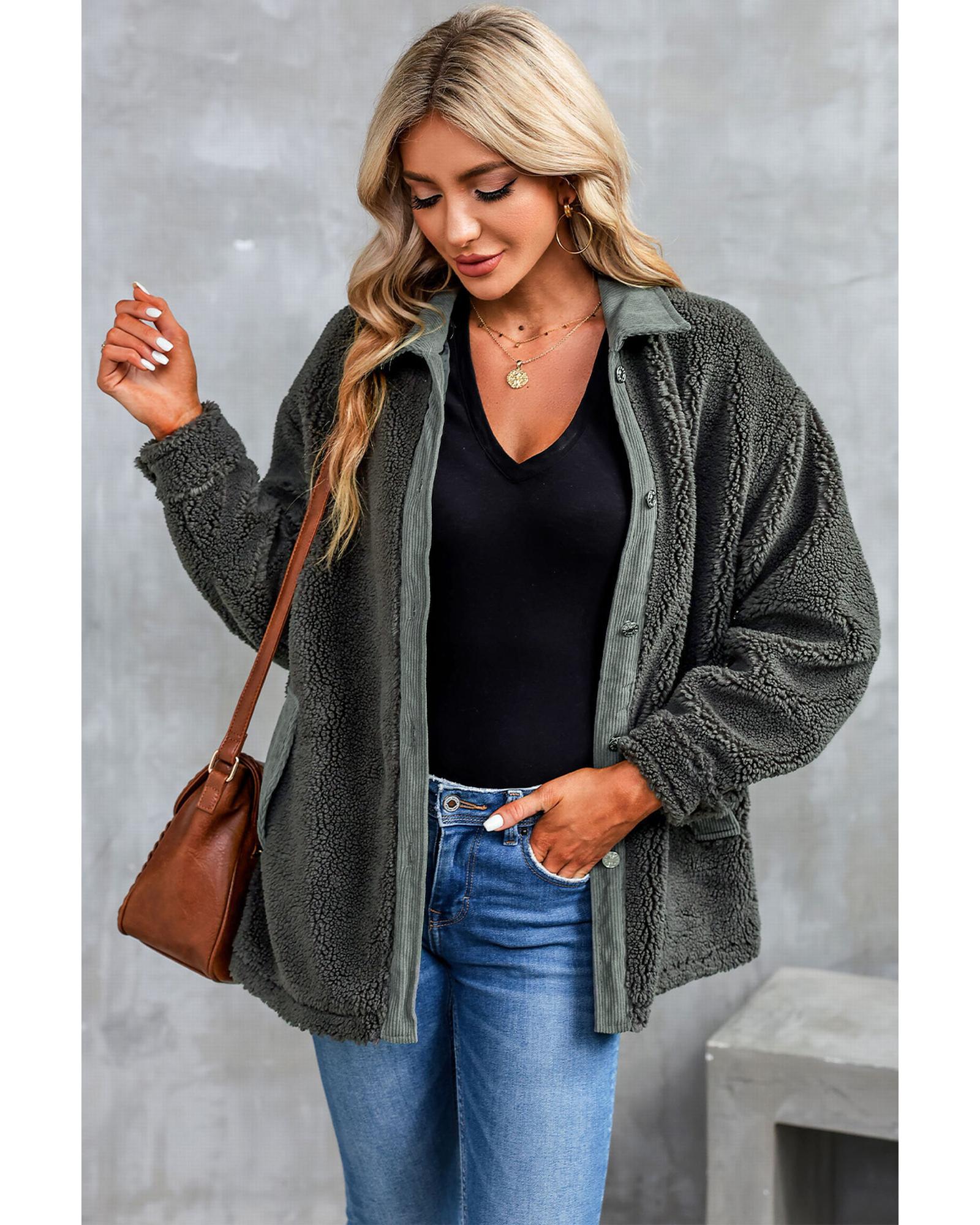 Gray Corduroy Trim Elbow Patch Sherpa Jacket - M