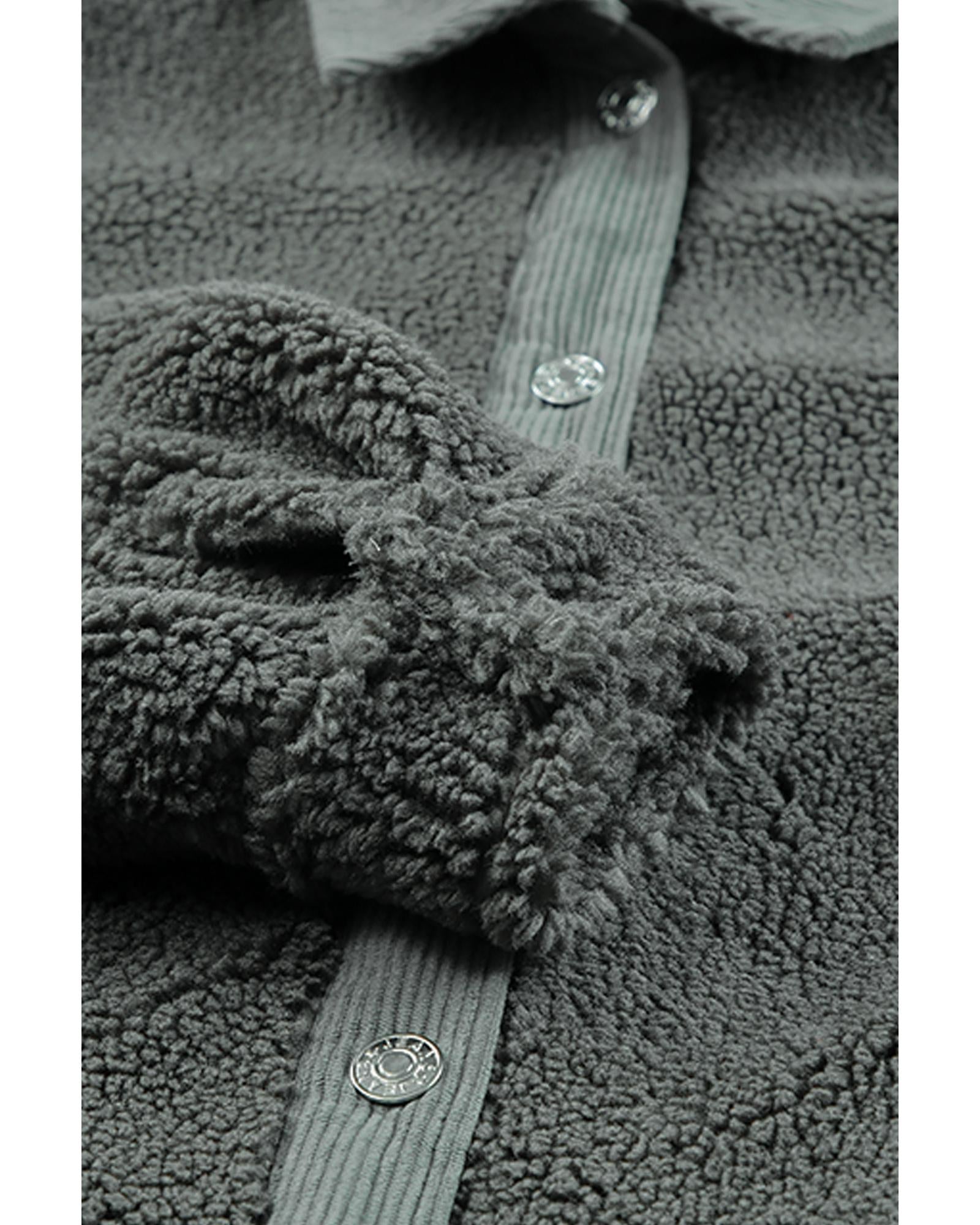 Gray Corduroy Trim Elbow Patch Sherpa Jacket - S