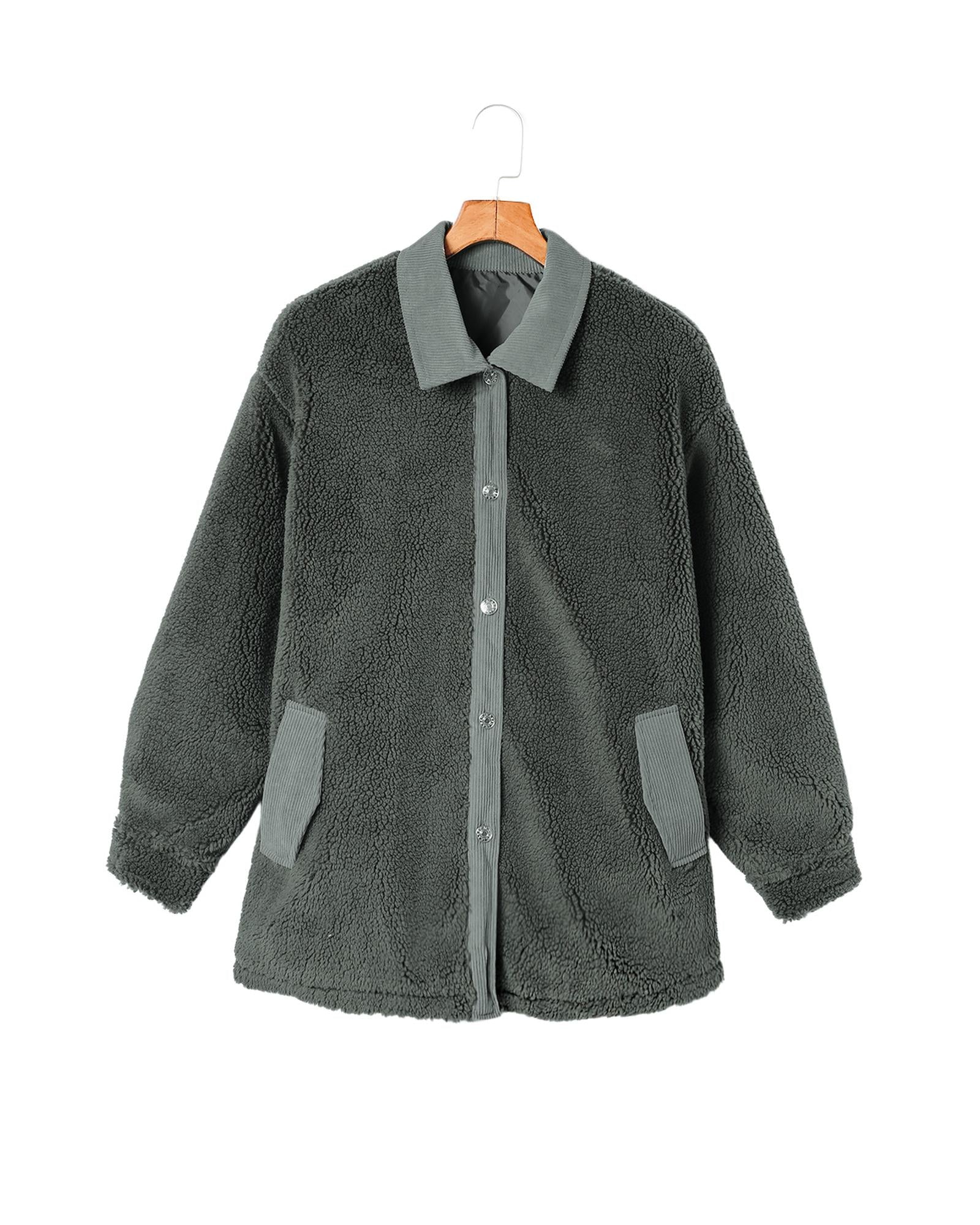 Gray Corduroy Trim Elbow Patch Sherpa Jacket - S