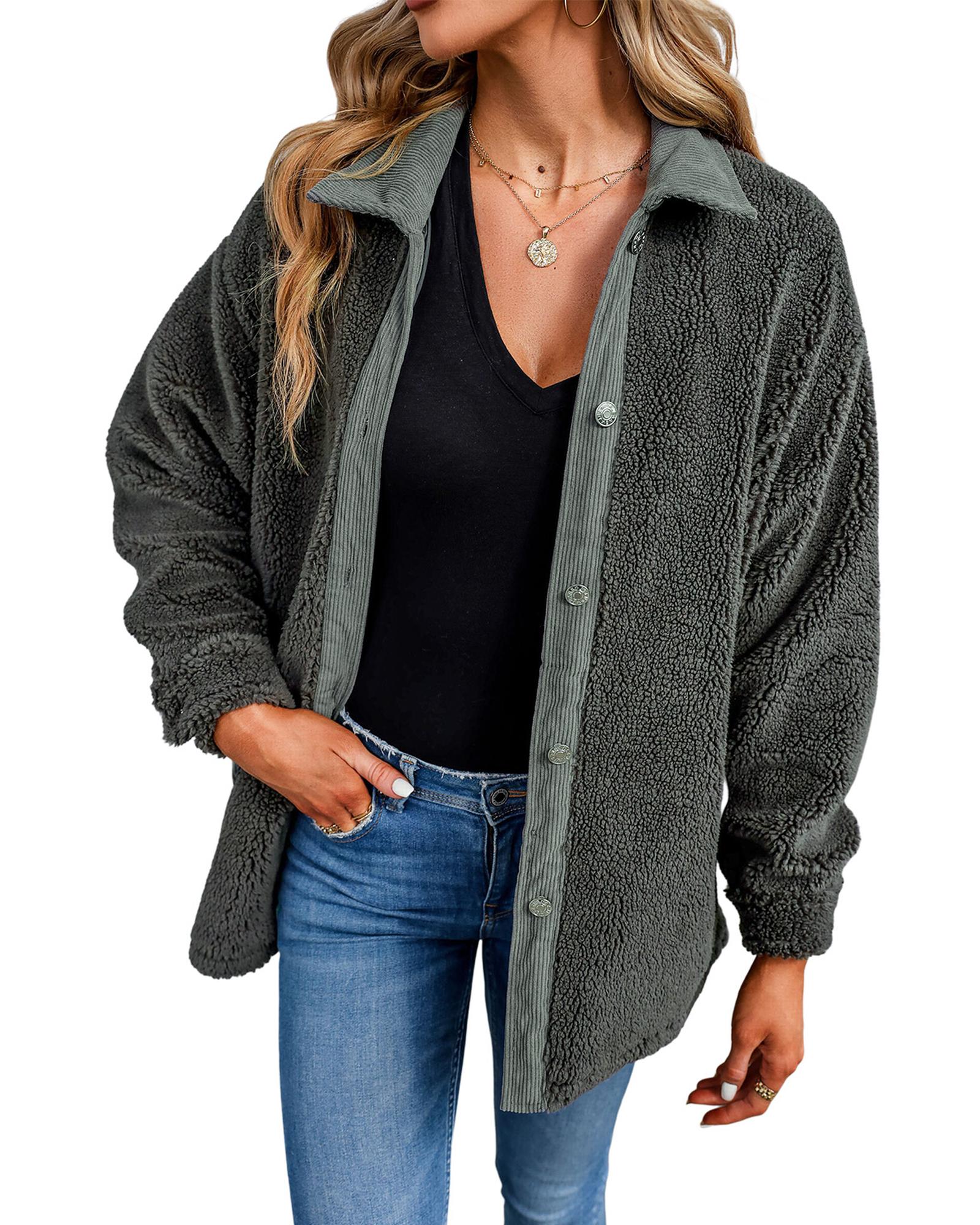Gray Corduroy Trim Elbow Patch Sherpa Jacket - XL