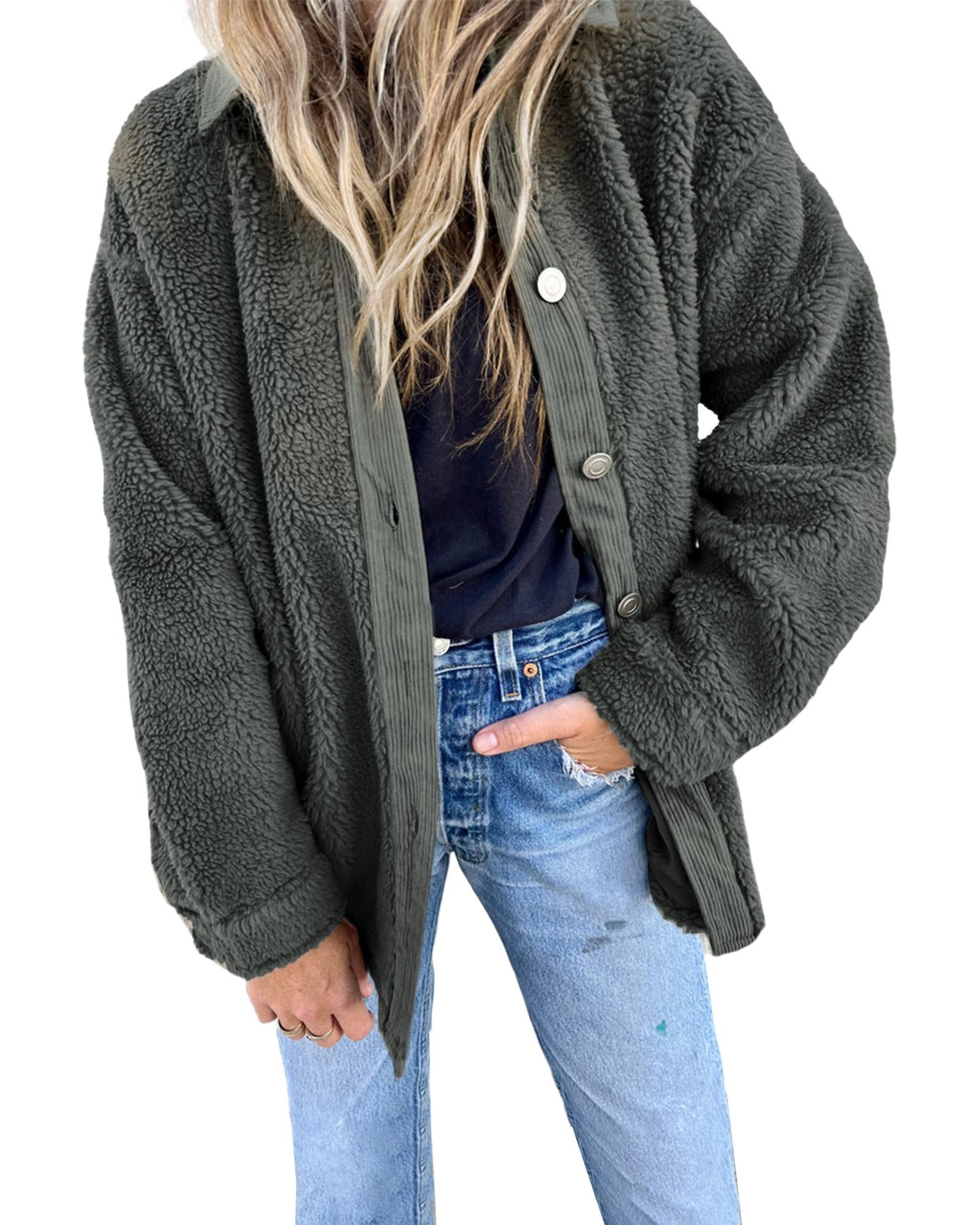 Gray Corduroy Trim Elbow Patch Sherpa Jacket - XL