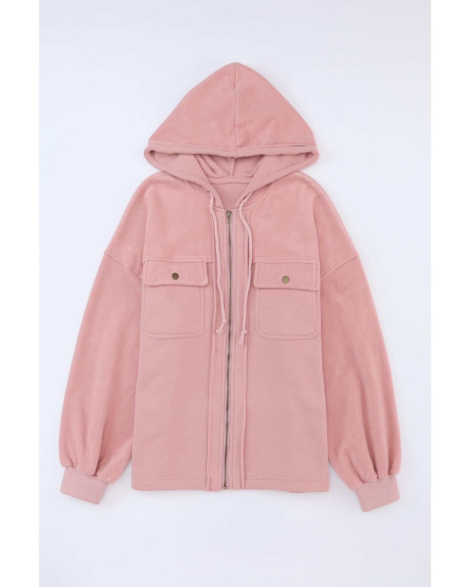 Pink Flap Pocket Drawstring Hood Zip Up Jacket - L