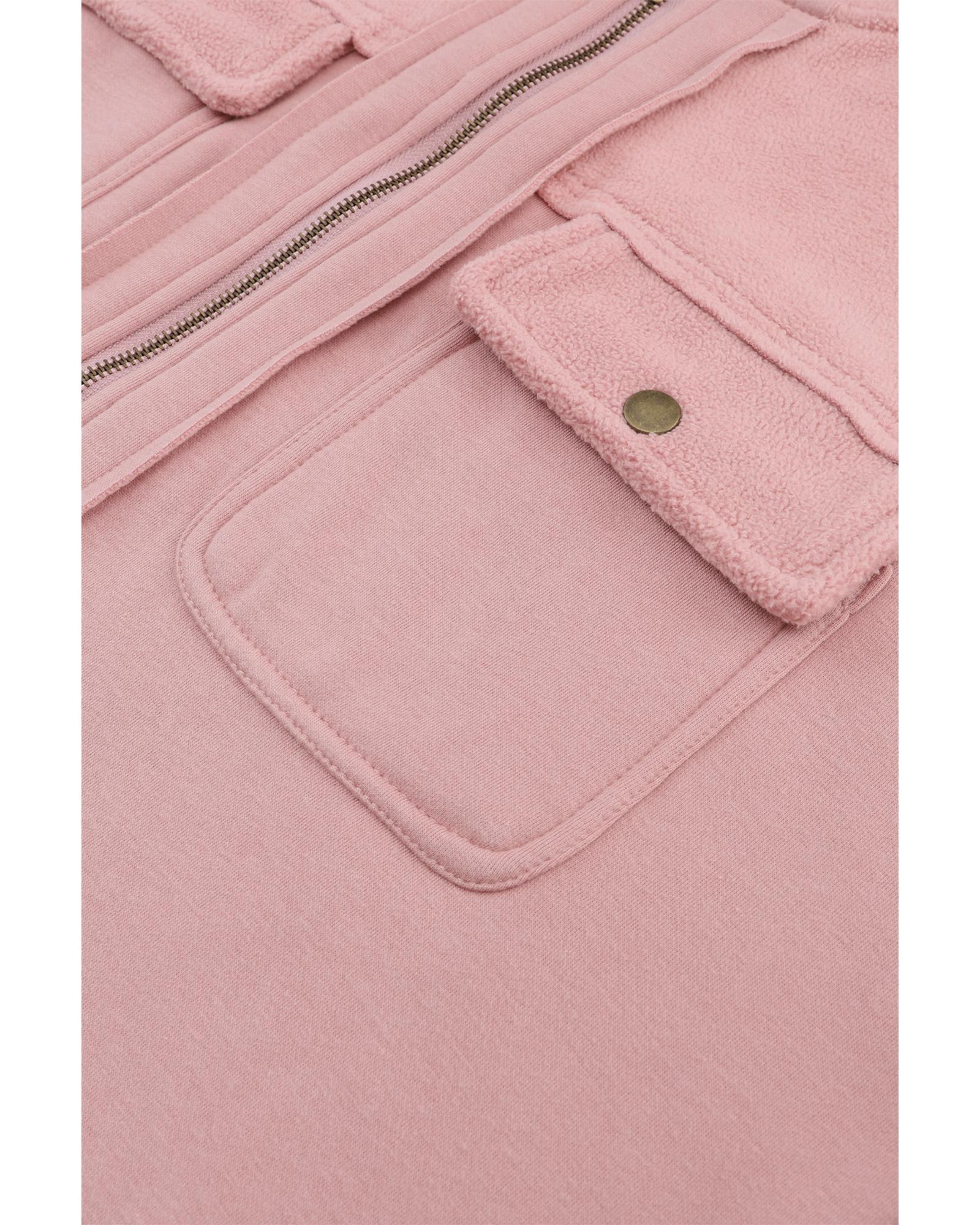 Pink Flap Pocket Drawstring Hood Zip Up Jacket - S