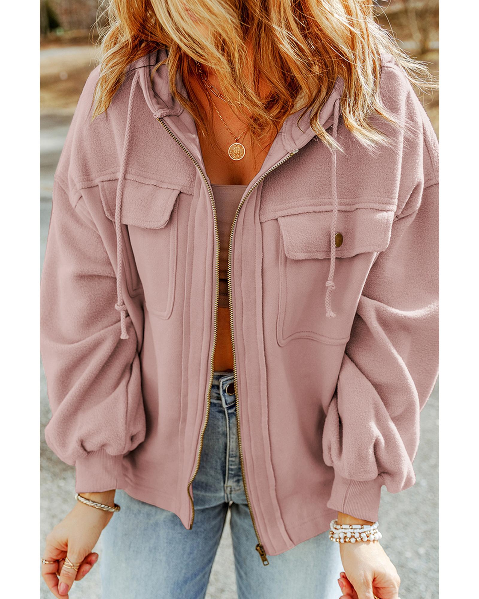 Pink Flap Pocket Drawstring Hood Zip Up Jacket - S