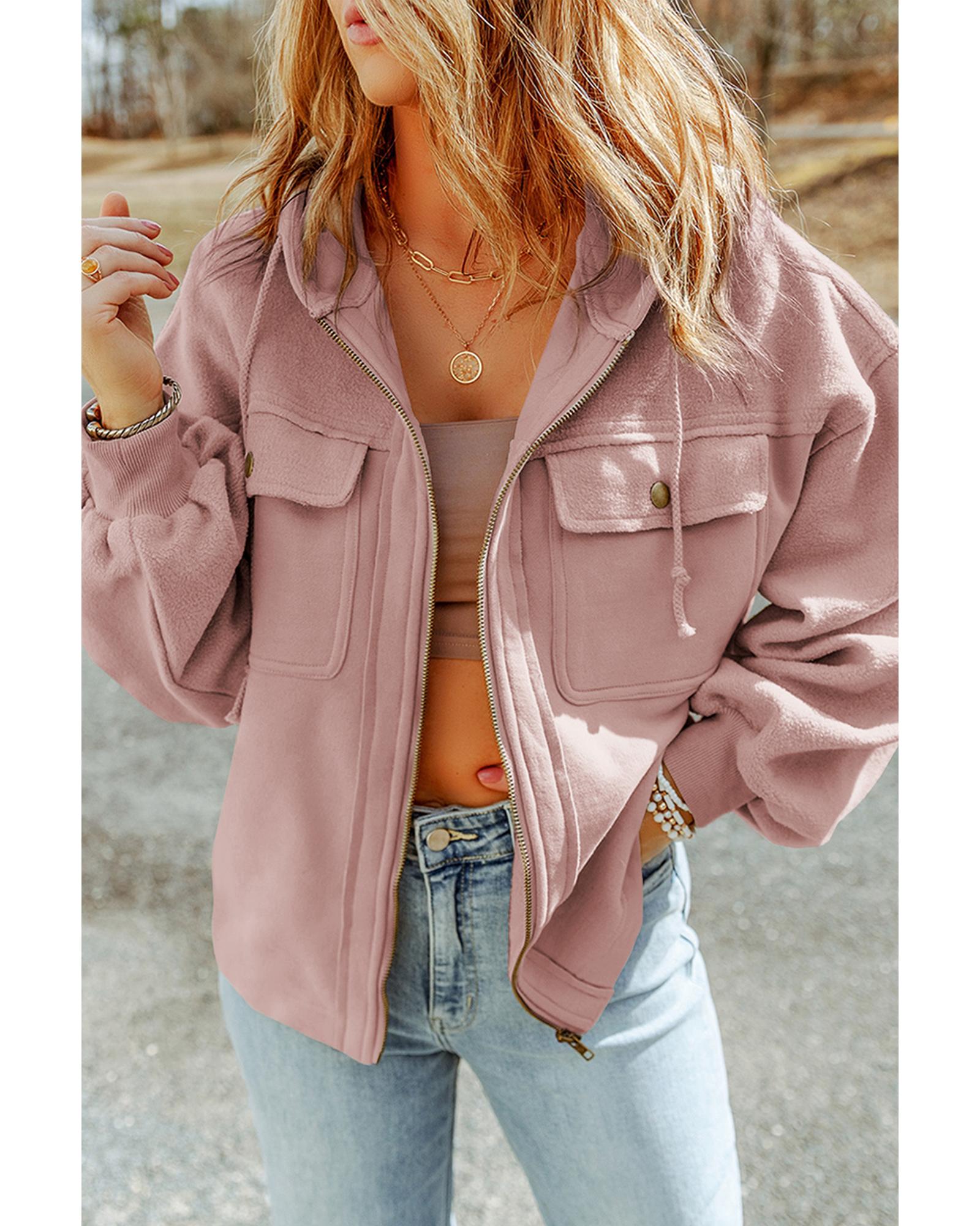 Pink Flap Pocket Drawstring Hood Zip Up Jacket - S
