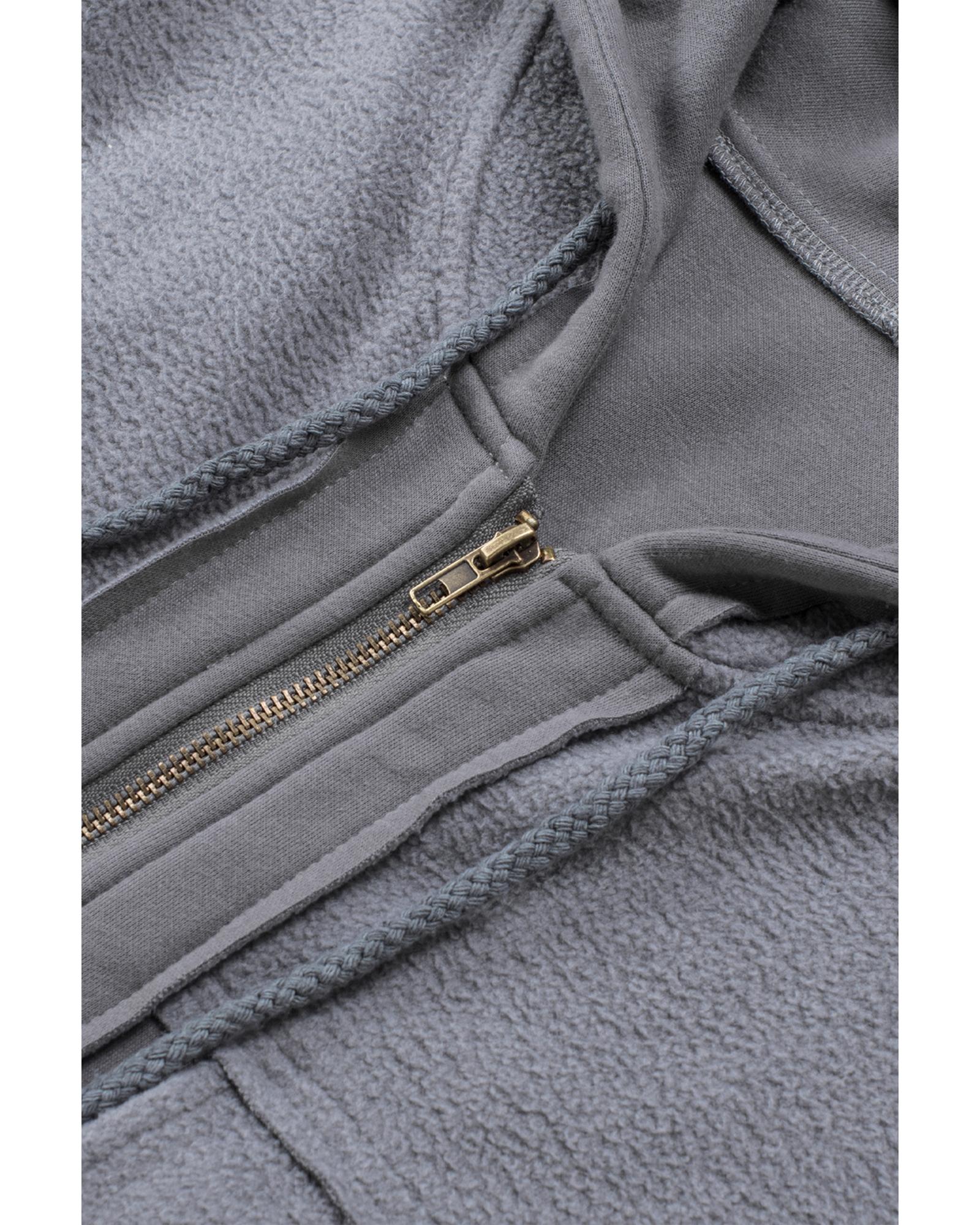 Gray Flap Pocket Drawstring Hood Zip Up Jacket - M