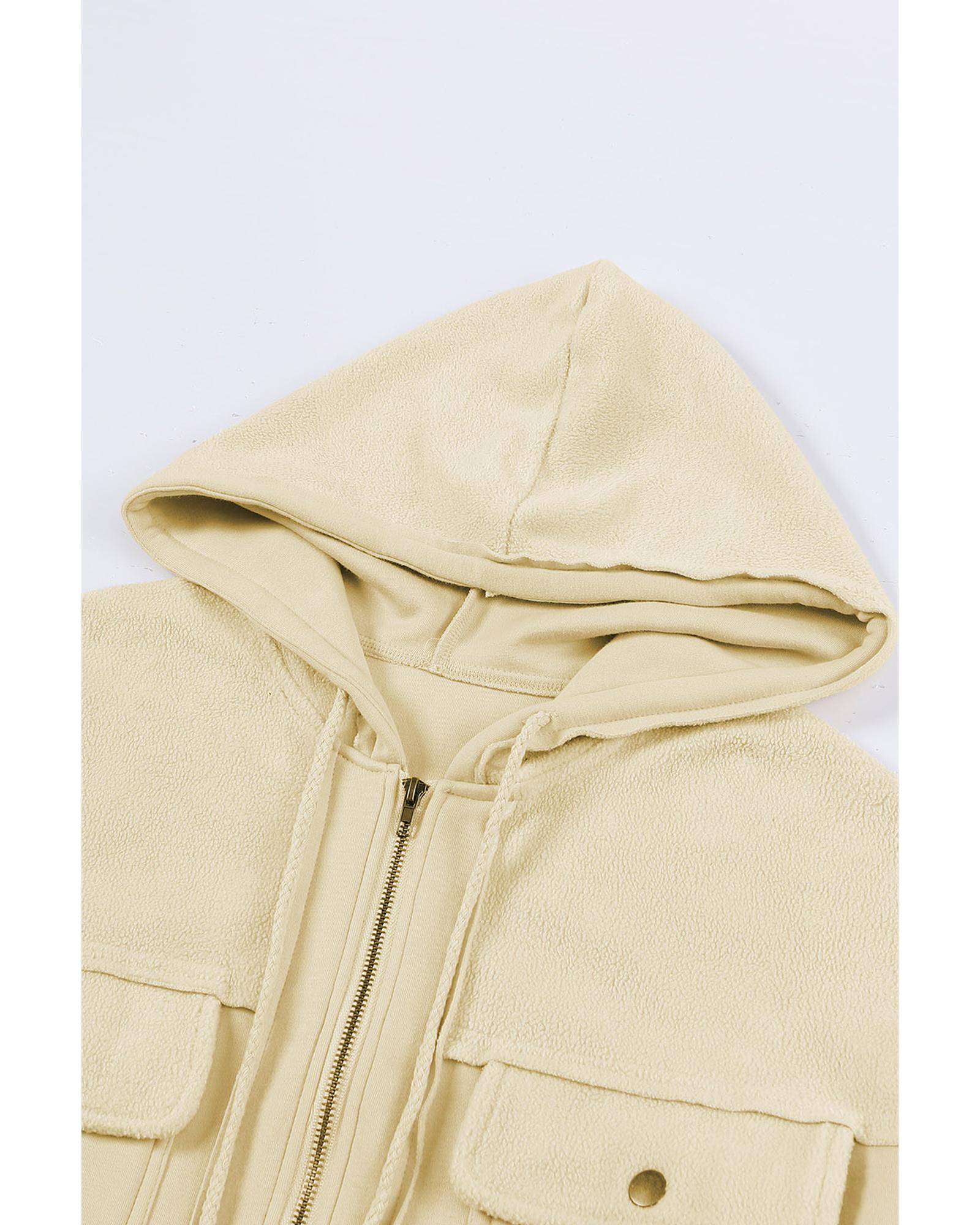 Apricot Flap Pocket Drawstring Hood Zip Up Jacket - L