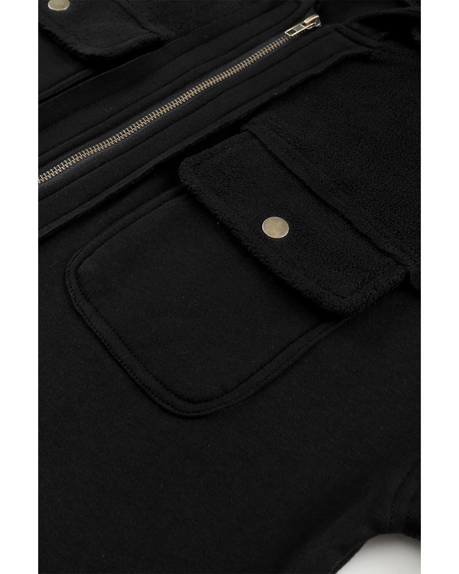 Black Flap Pocket Drawstring Hood Zip Up Jacket - L